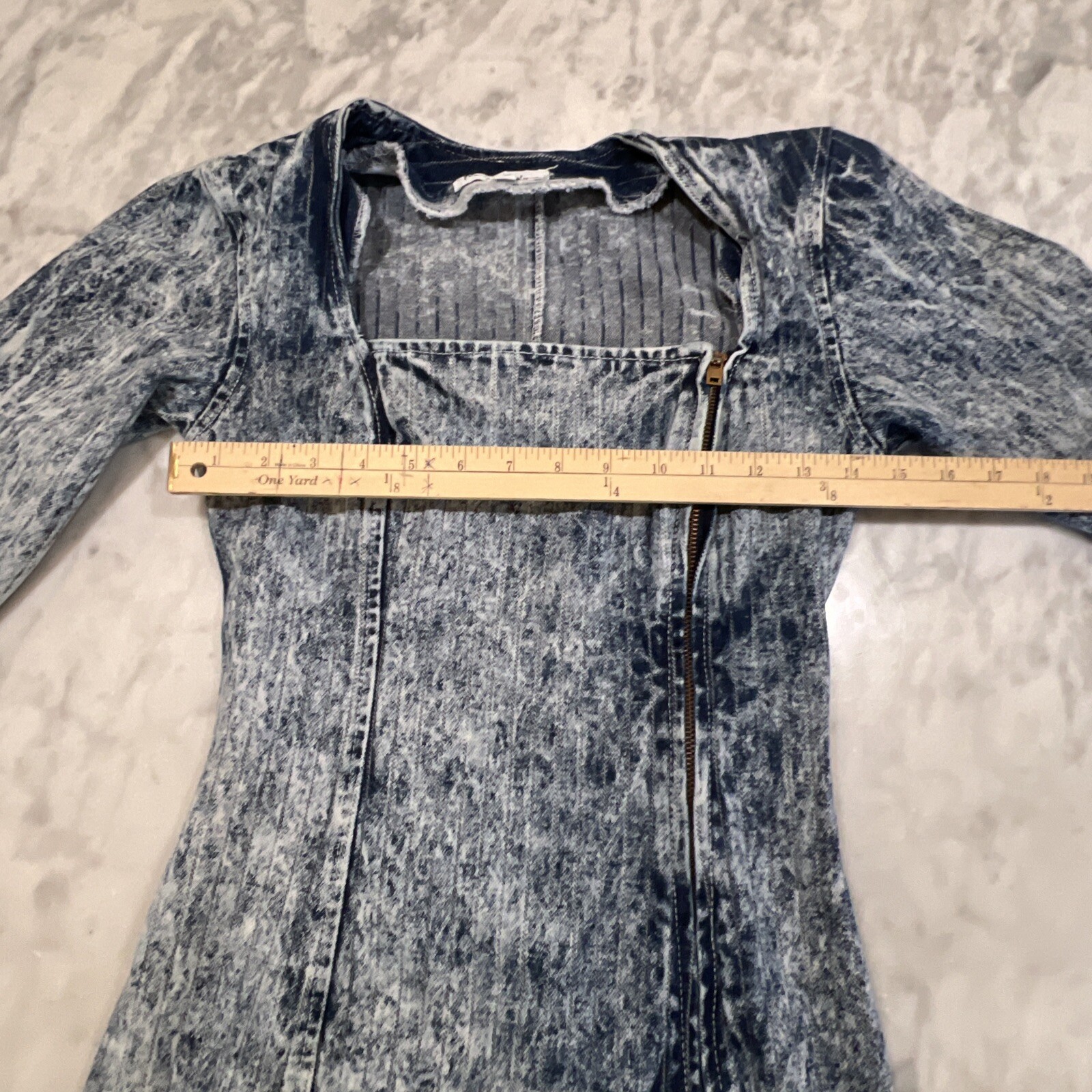 Vintage Paris Blue Dress Small Acid Wash Denim Full Zipper Long Sleeve Bodycon