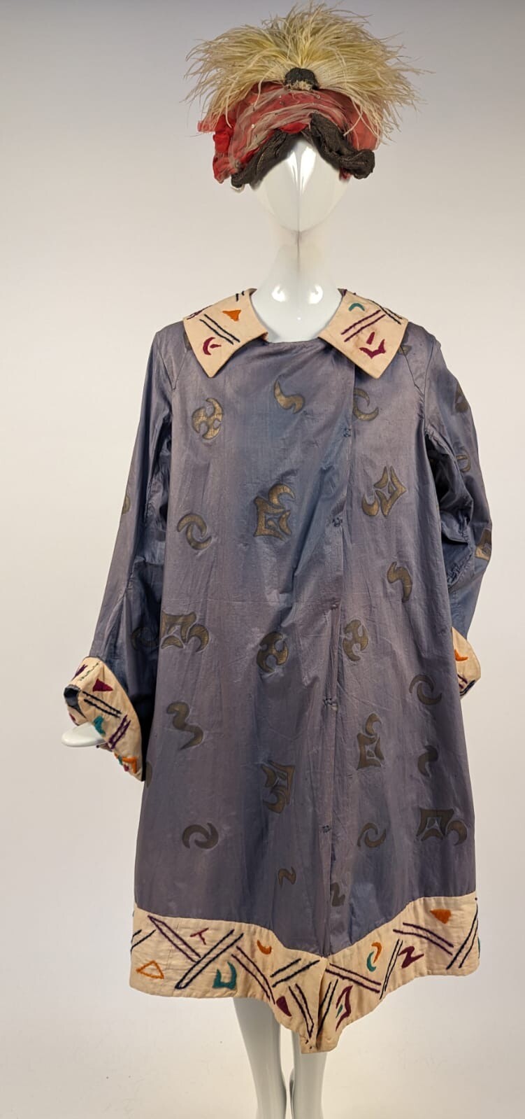 1920’S GOLD STENCILED FORTUNE TELLER HALLOWEEN COSTUME W FEATHER TRIMMED TURBAN