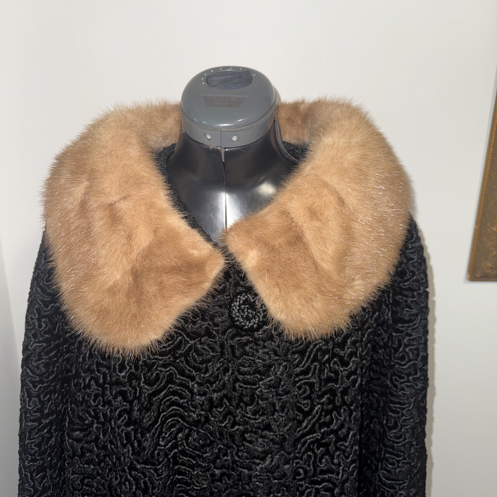 Vtg 50’s Astrakin Black Curly Persian Lamb Wool Swing Coat Mink Collar France L