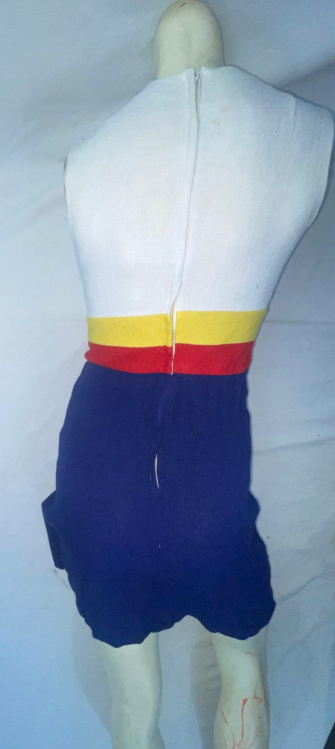 VTG 60S 70S WOMENS S BLUE WHITE RED YELLOW STRIPE DISCO MOD DRESS JACKET SET