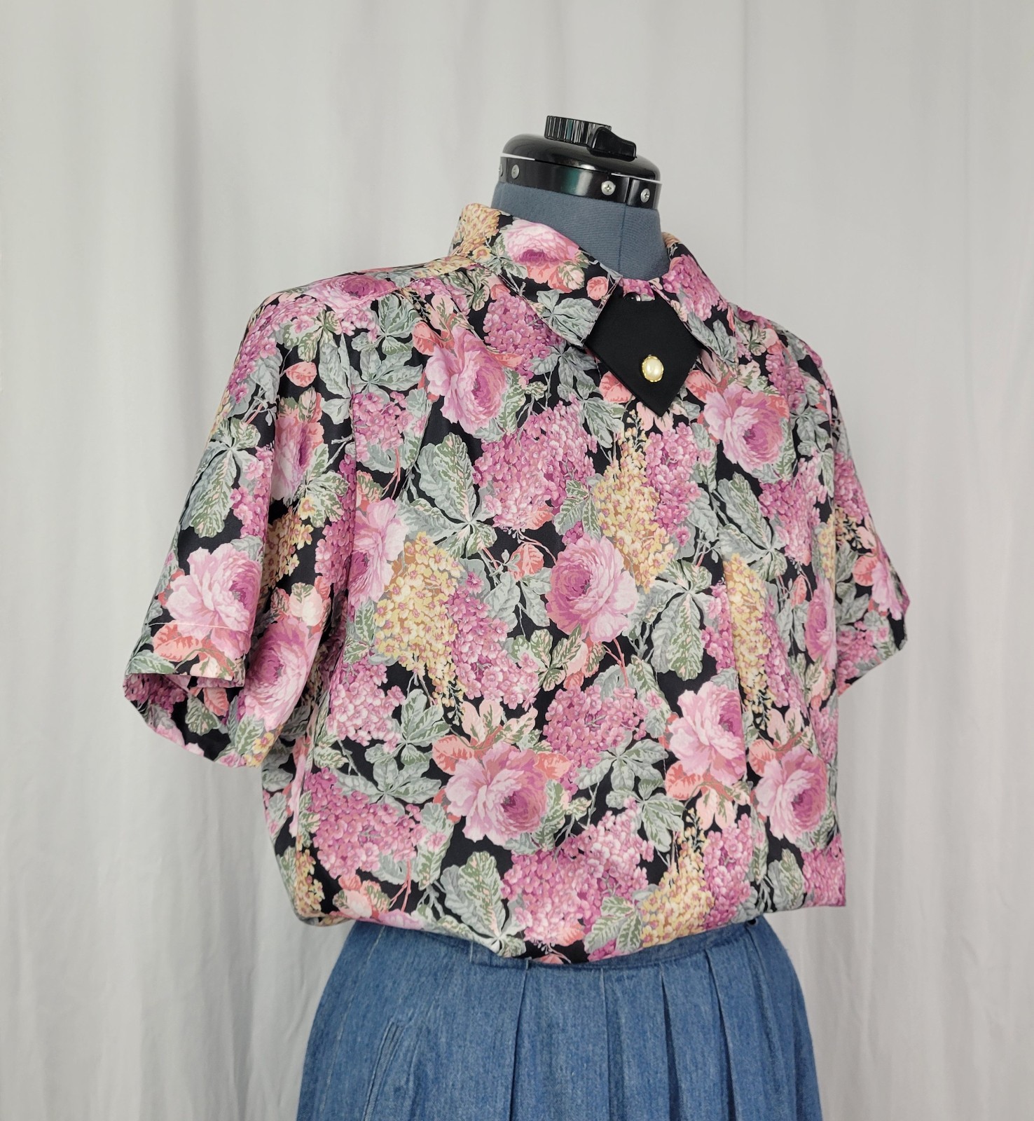 Vintage Copy Cats Black & Pink Floral S/S Blouse w Accent Collar Size 12