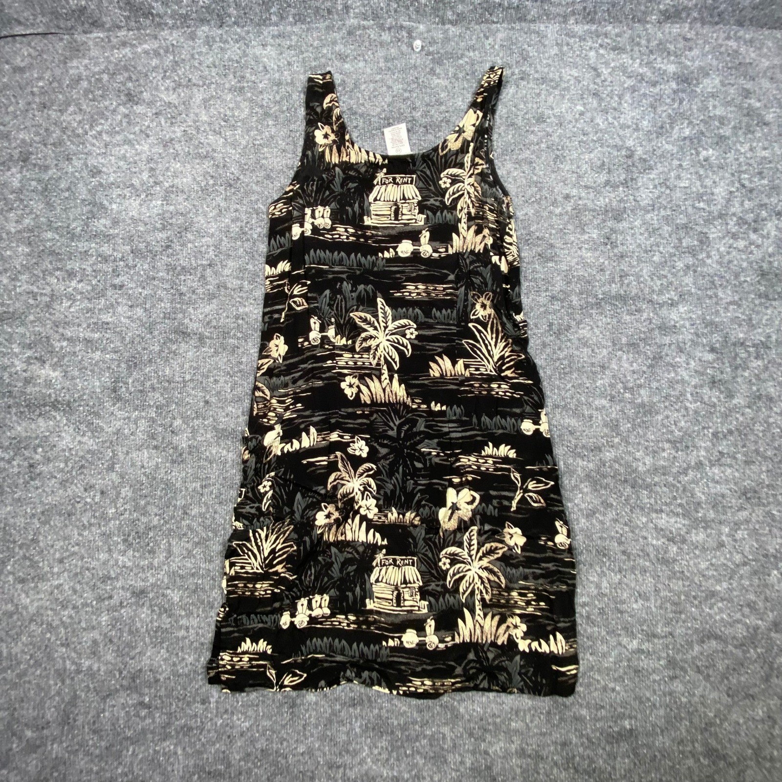 Weekend Traffic Vintage 90s Tropical Island Print Rayon Shift Dress Black XS