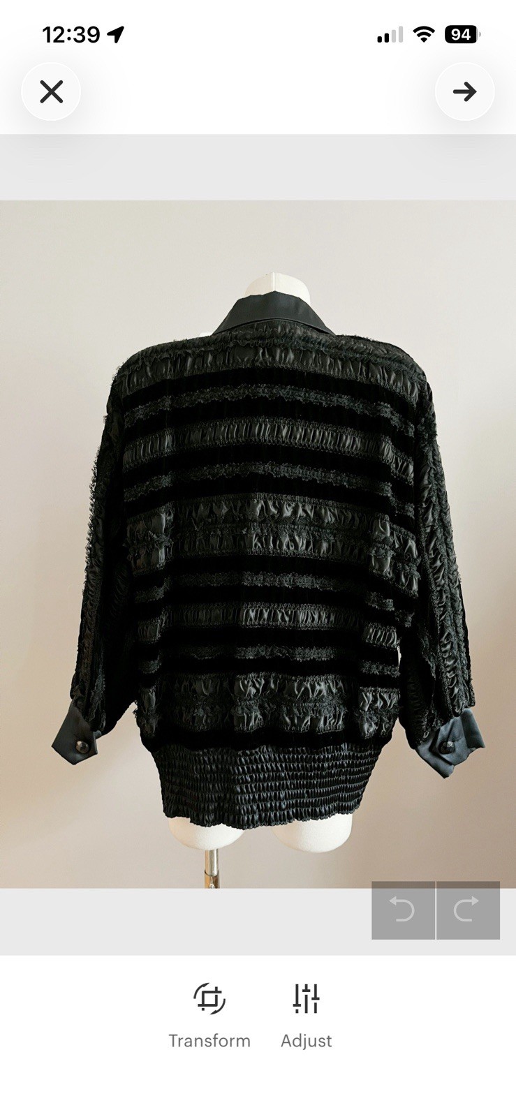1980s Black Ruffle Satin Velvet Dolman sleeve avant garde jacket