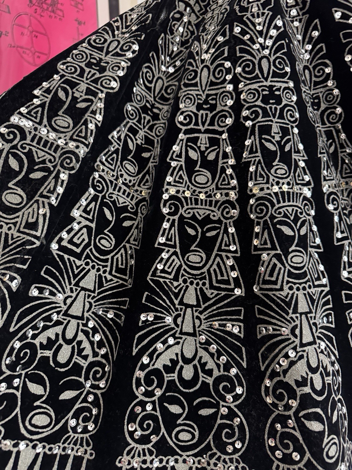 Vintage Velvet black circle skirt-Hand painted-Sequin-1950s-Skate-Silver-Deity-M