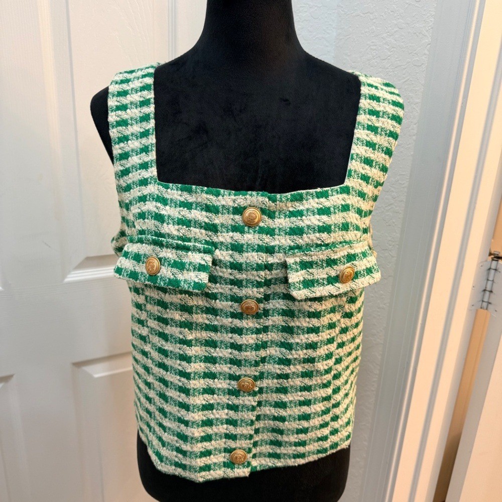 Aqua Vintage 60’s Style Tweed Top – Green & White with Gold Buttons