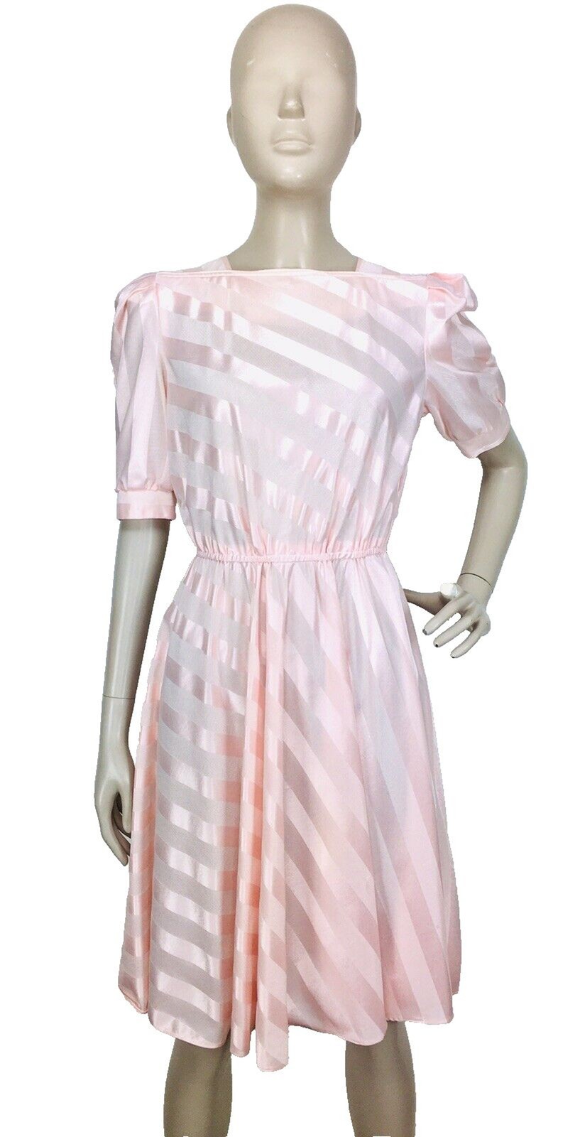 Vintage 80s Does 50s Jenny Petites Pink Candy Striped Puff Sleeve Dress XS/S/M