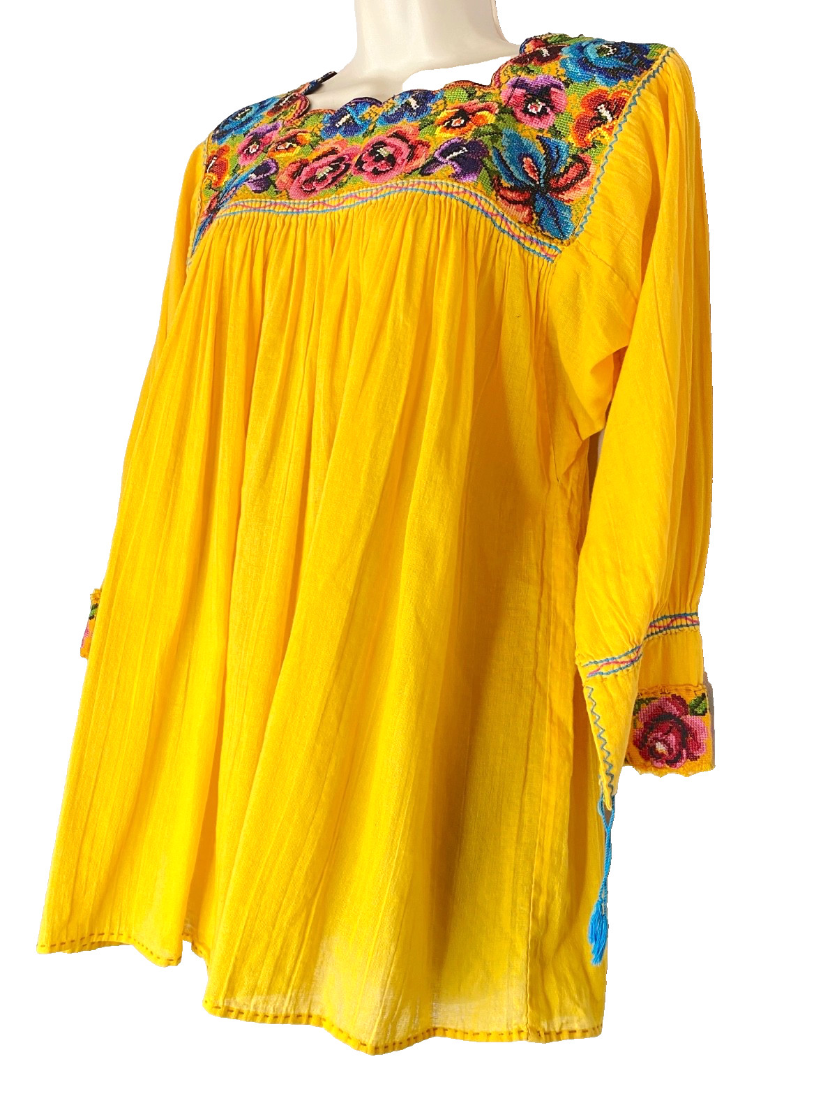Vintage yellow floral embroidered tunic top long sleeves pink blue cotton boho