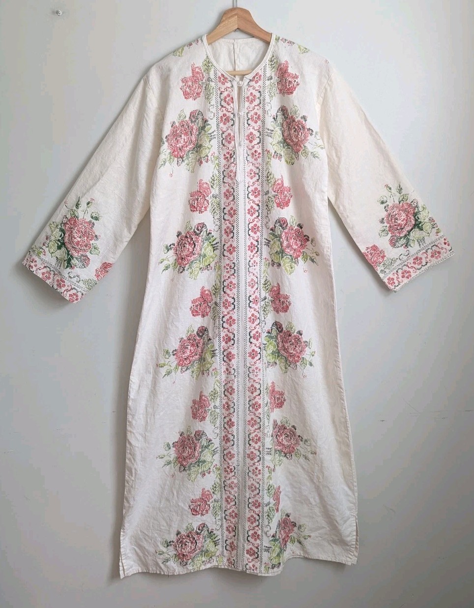Vtg 70s Moroccan Kaftan Cotton Linen Boho Maxi Shirt Dress Printed Floral S M