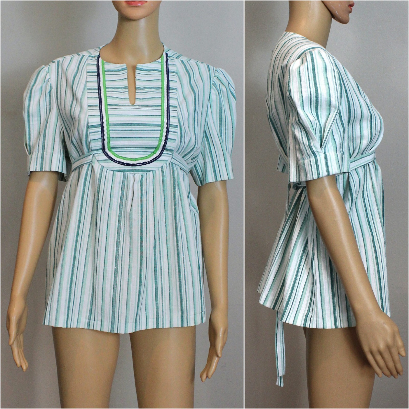 Vintage 1970s/70s Puffy Shoulder Striped Cotton Tunic/Top Gauze