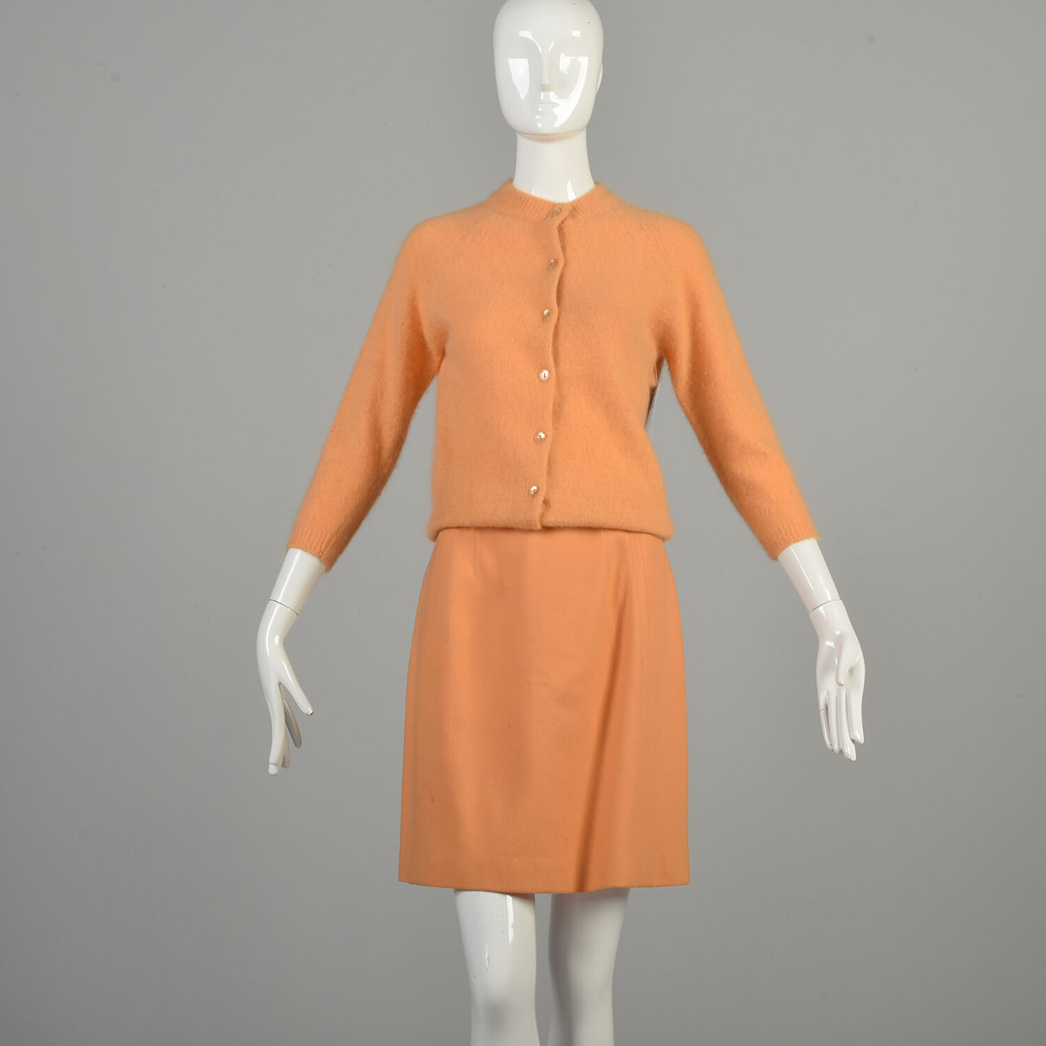 Small 1960s Skirt Set Peachy Orange Pink Cardigan Sweater Two Piece Fuzzy Soft