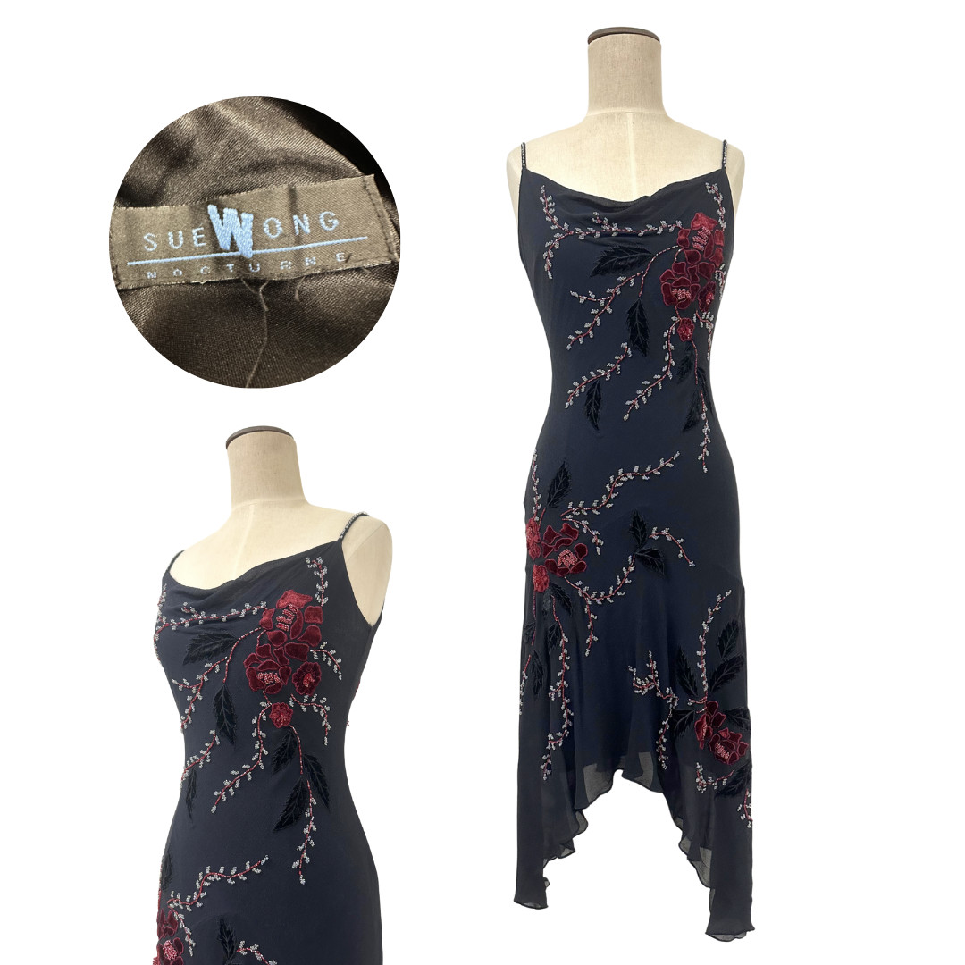Vintage 2000s Y2K Sue Wong Nocturne Black & Burgundy Floral Beaded Dress