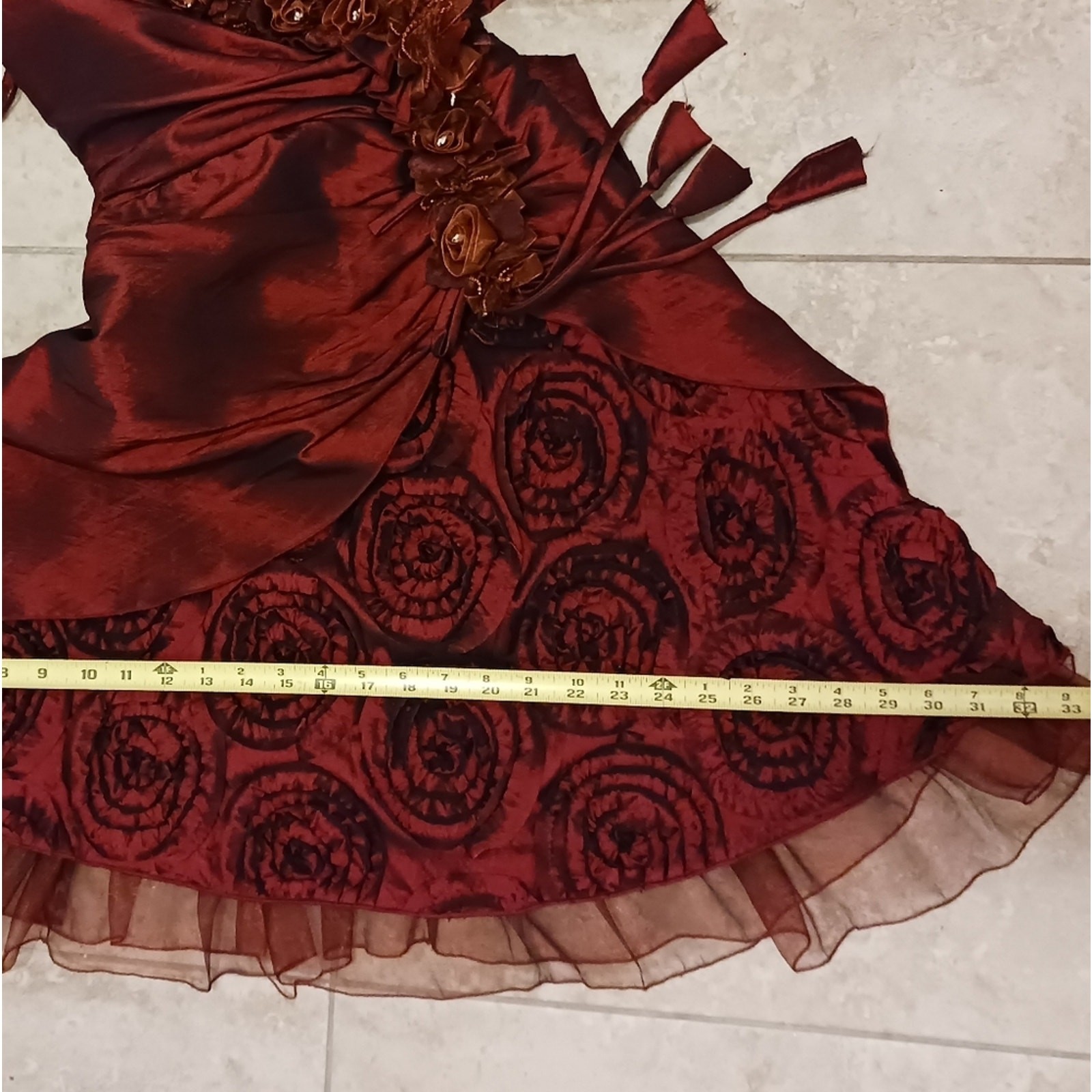 Red Satin Formal Dress 3D Roses Gown XS Burgundy Red Wedding Prom Evening Party