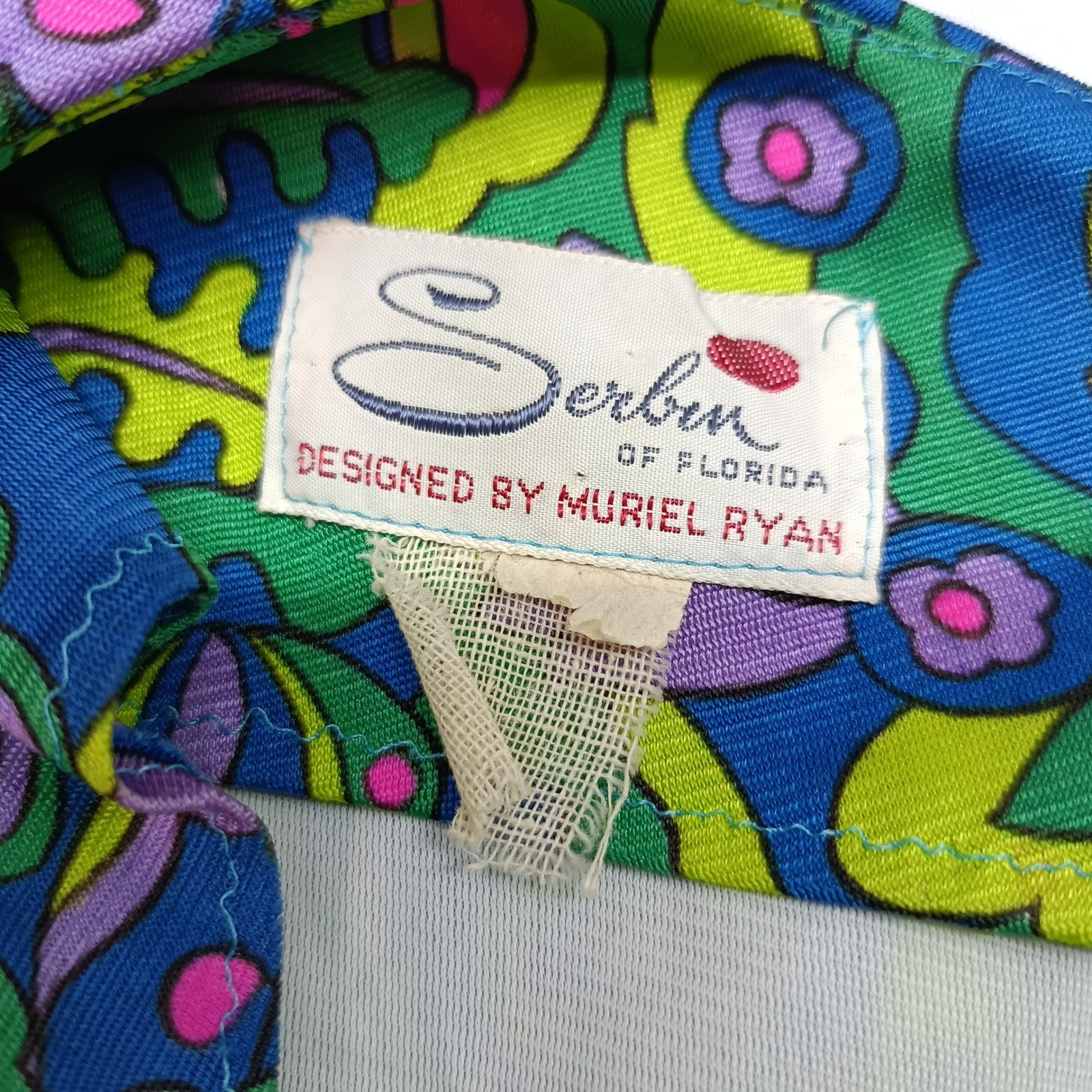 Vtg Serbin of Florida Muriel Ryan Psychedelic Floral Ruffle Hem Dress Womens S