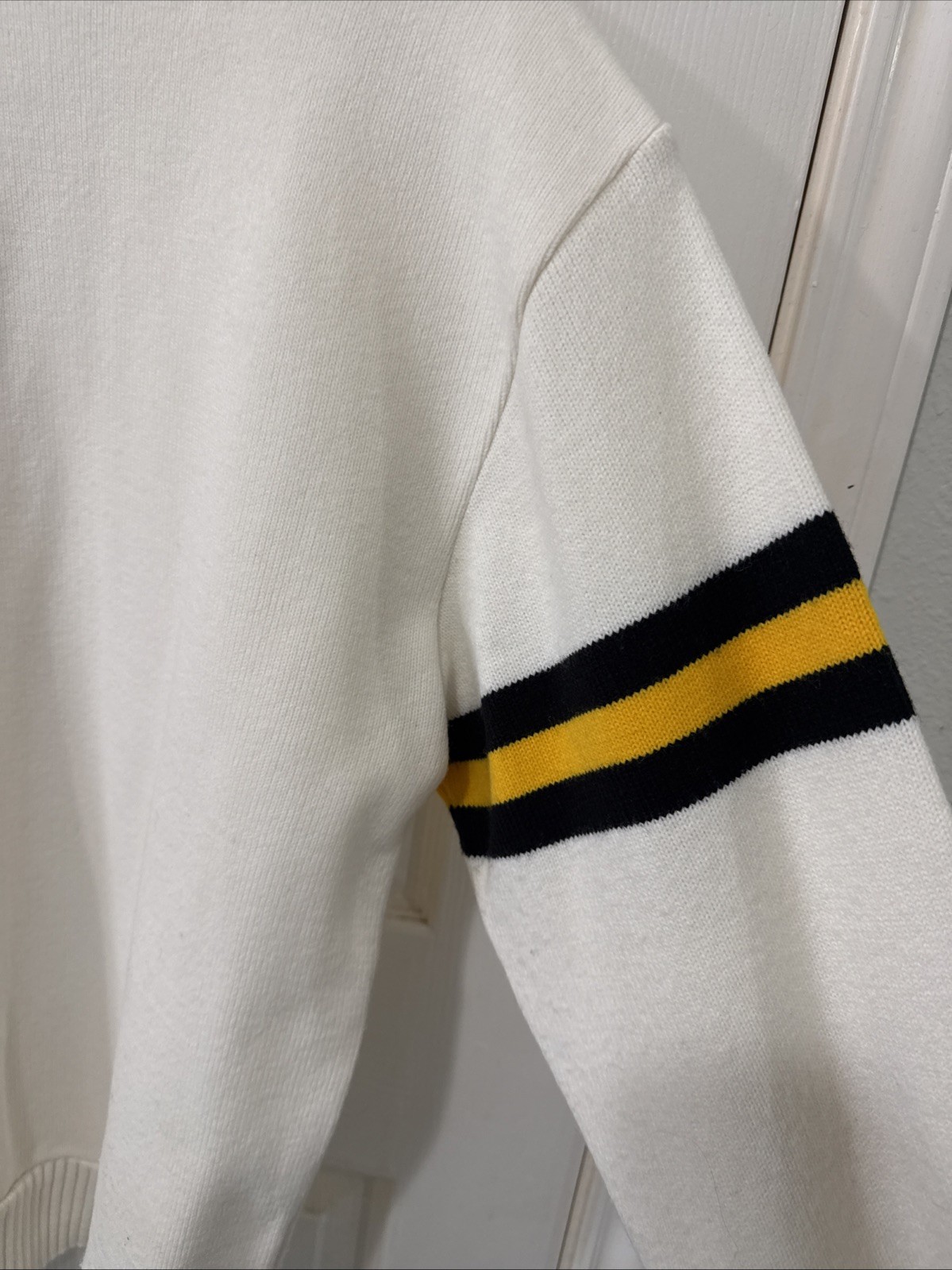 Vintage Varsity Letterman Sweater Black Yellow White Off Stripes Sleeve Large US