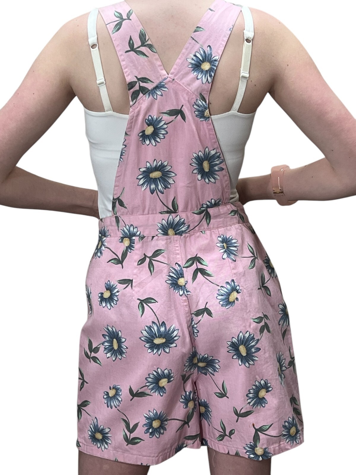 NOS Vtg 80s S/M Bib Pink Denim Skort Suspender Flap Shorts Playsuit Blue Daisies
