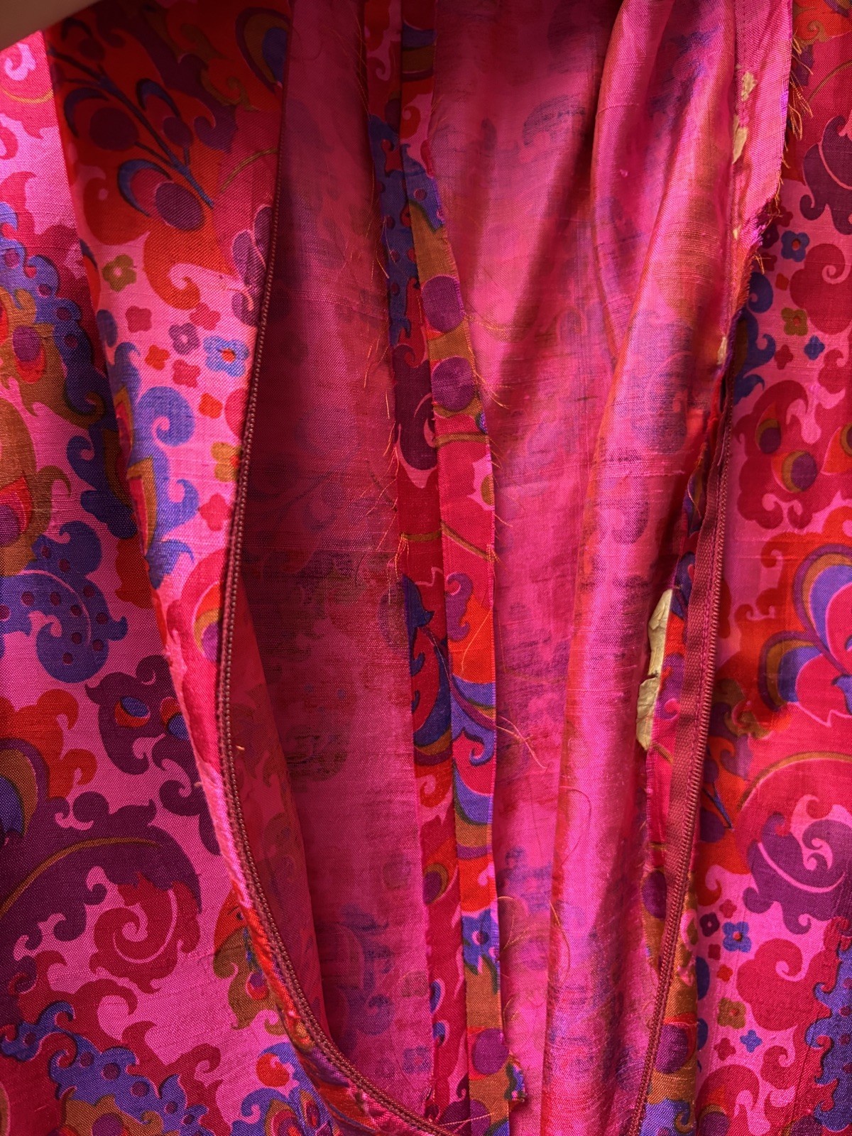 Vintage Thai Silk Bright Pink Psychedelic Cowl Neck Maxi Dress