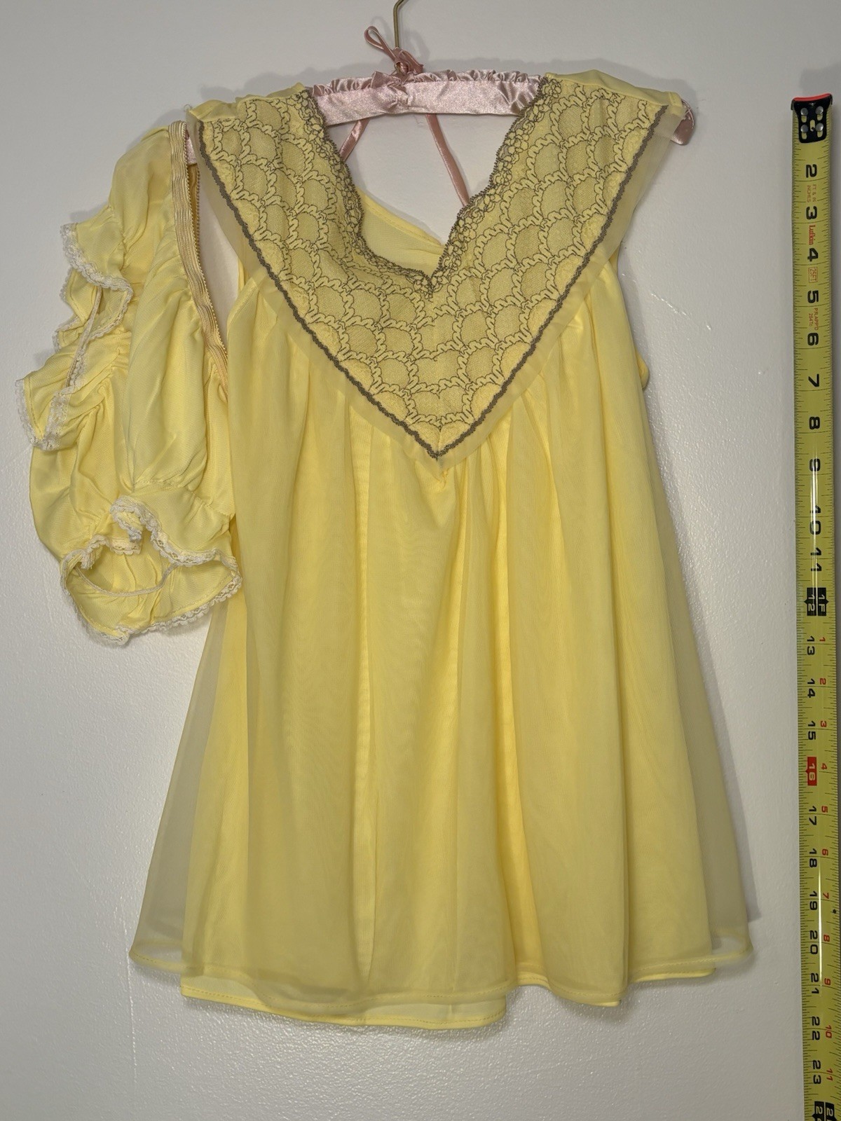 Vtg 60s Sheer Yellow Babydoll & Bloomers Lingerie Set Scalloped Brn Lace Medium