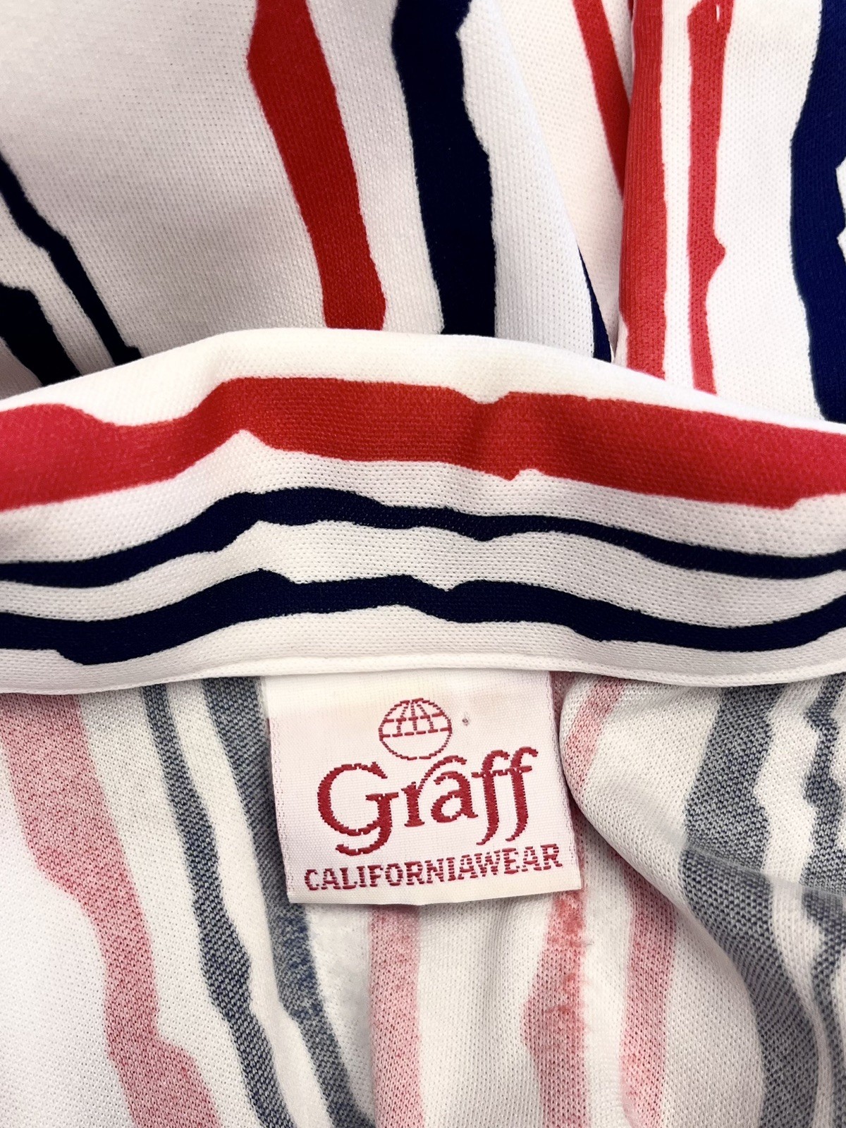 1970s 70s Vintage Red Blue White Striped Button Short Sleeve Graff Blouse Shirt