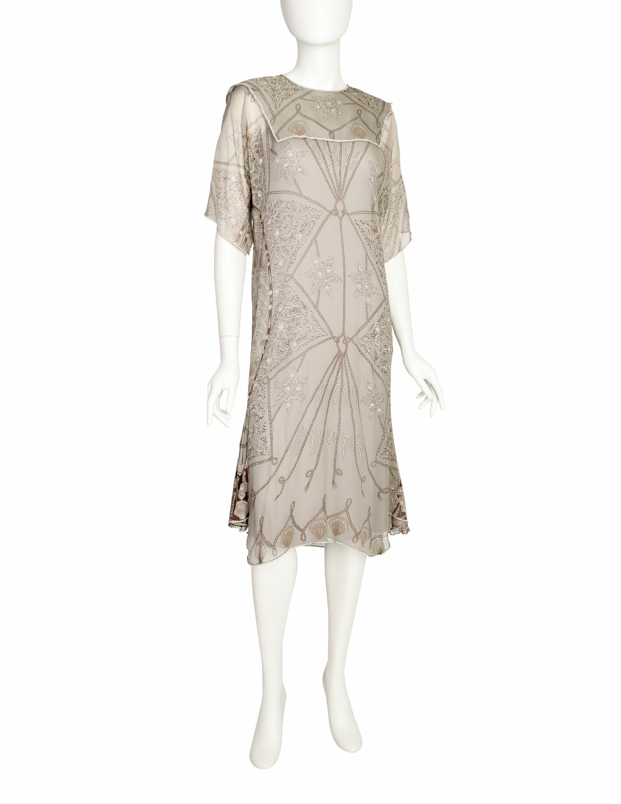 Zandra Rhodes Vintage Shell Rope Rhinestone Grey Silk Chiffon Sheer Dress