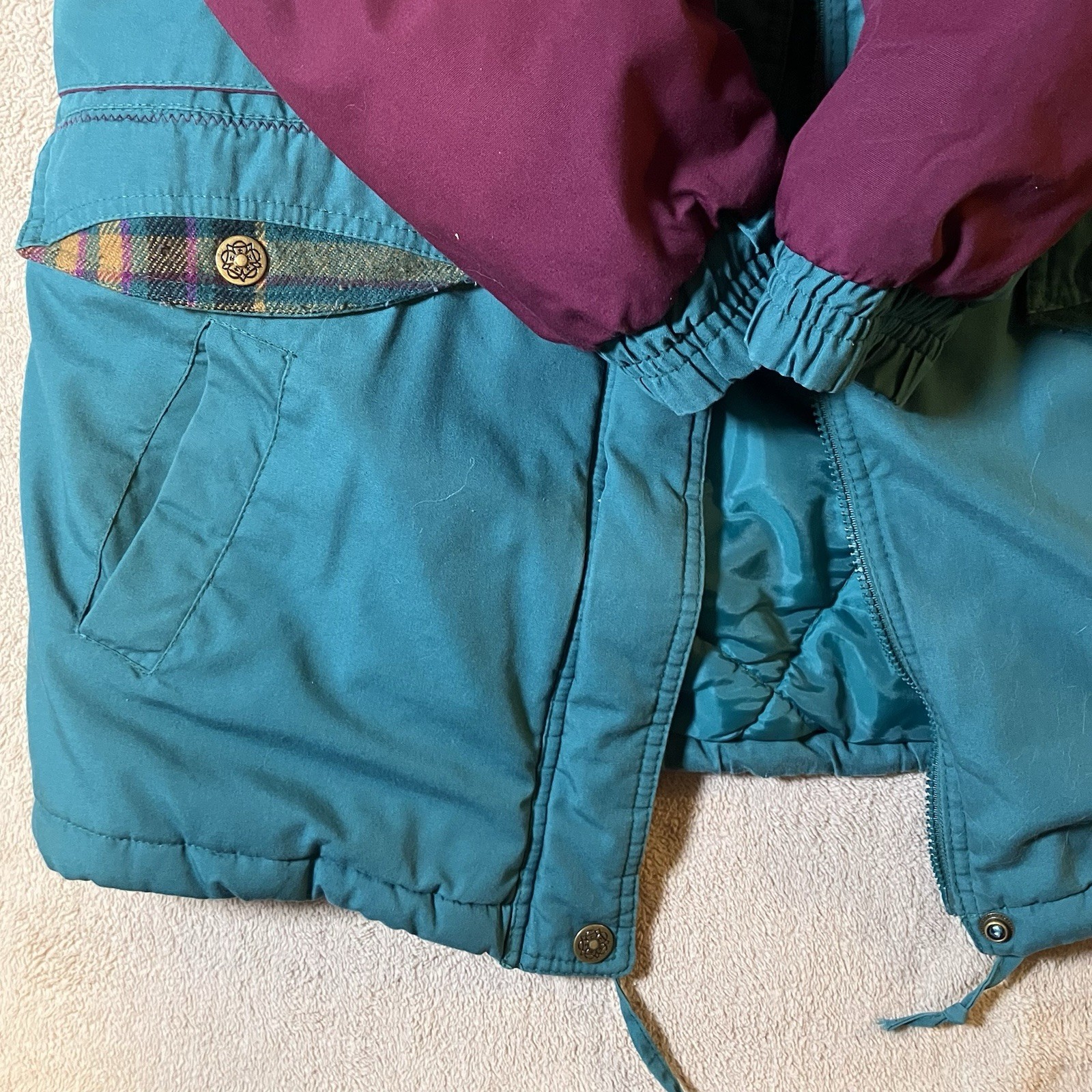 Vintage Out Brook Jacket Plaid Patches Teal Women’s Coat Size Medium