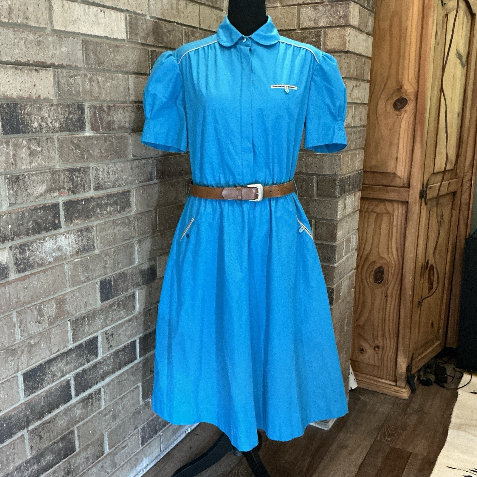 VTG Turqoise Blue Shirtwaist Dress Size 16 Puff Sleeve Belt Zip Pockets #14E8