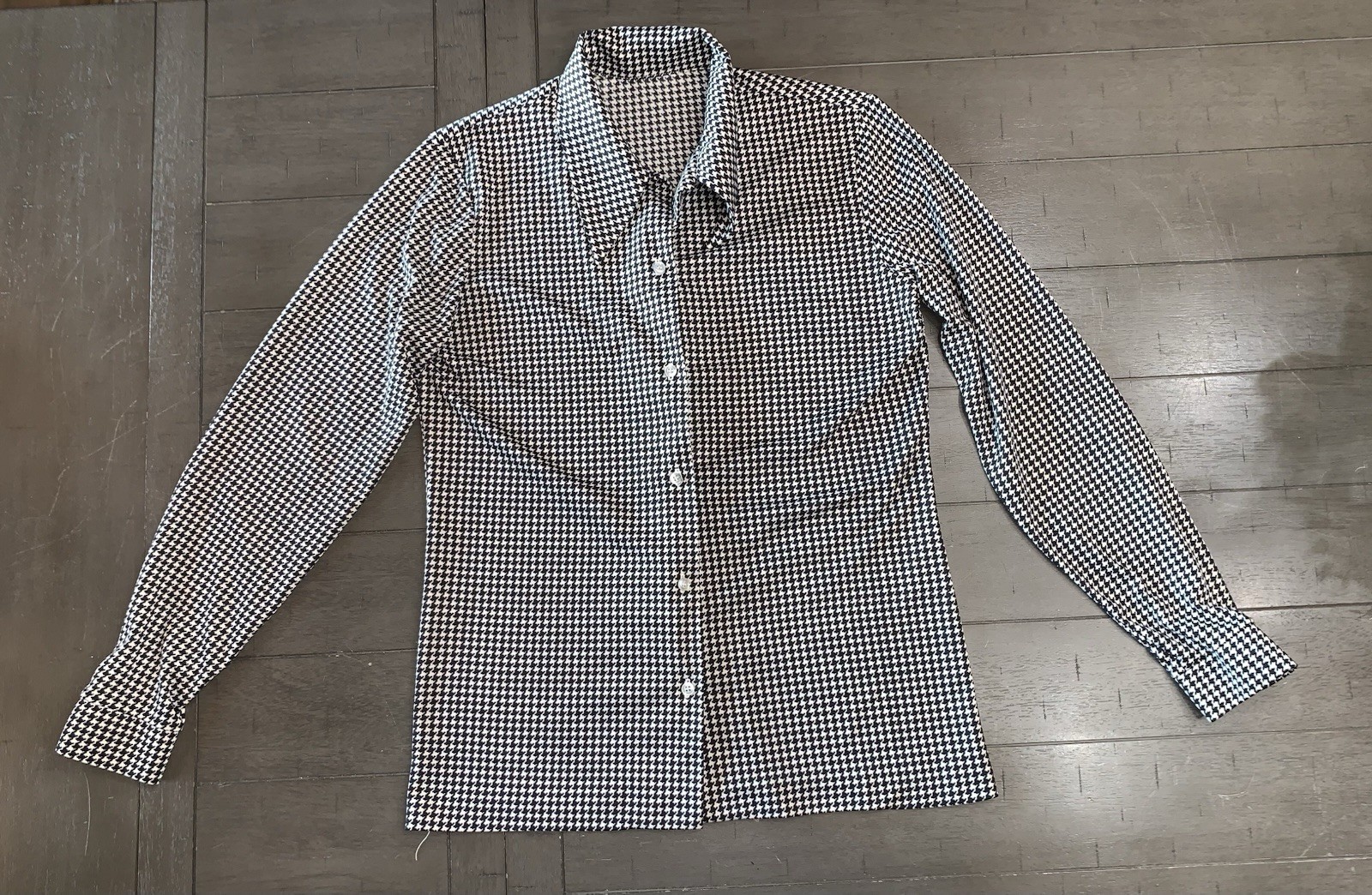 B6 80s Black White Houndstooth Button Front Blouse Long Sleeve Collared MEDIUM