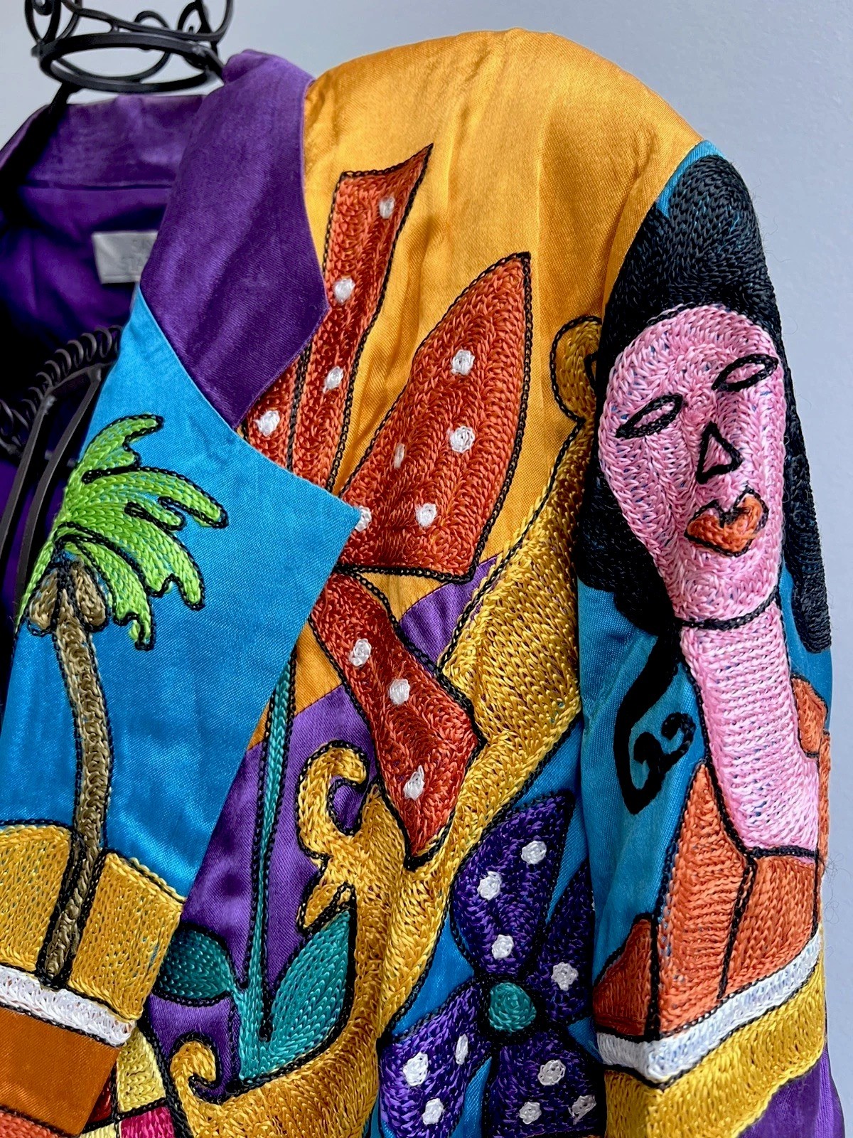 Vintage 80 Sandy Starkman Wearable Art Jacket Picasso Cubist Embroidered S Rayon