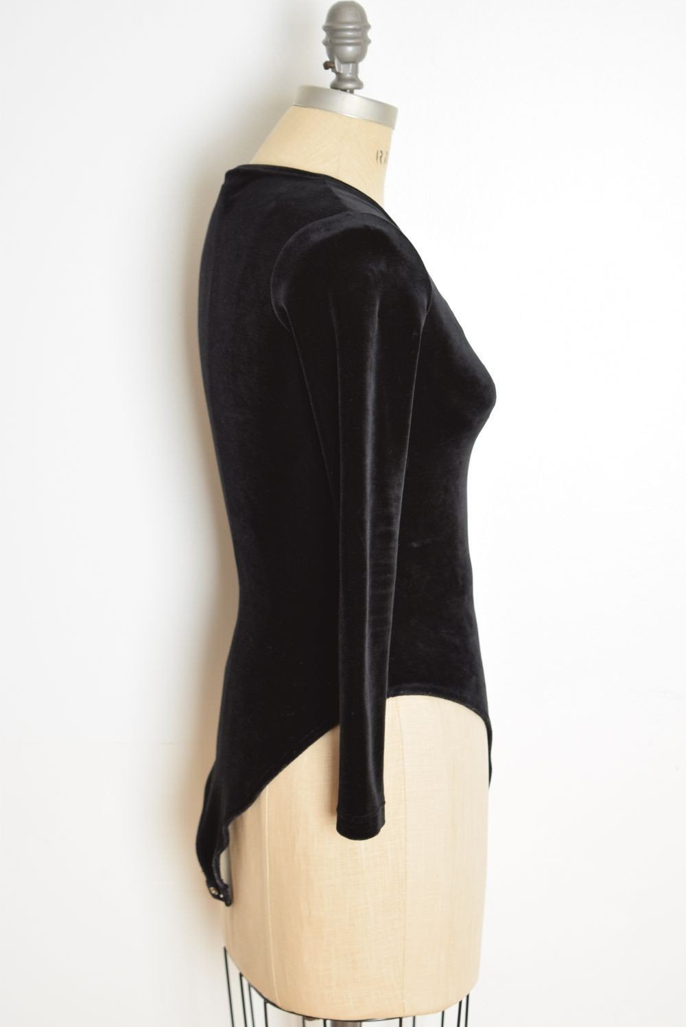 vintage 90s bodysuit black stretch velvet long sleeve grunge one piece top XS S