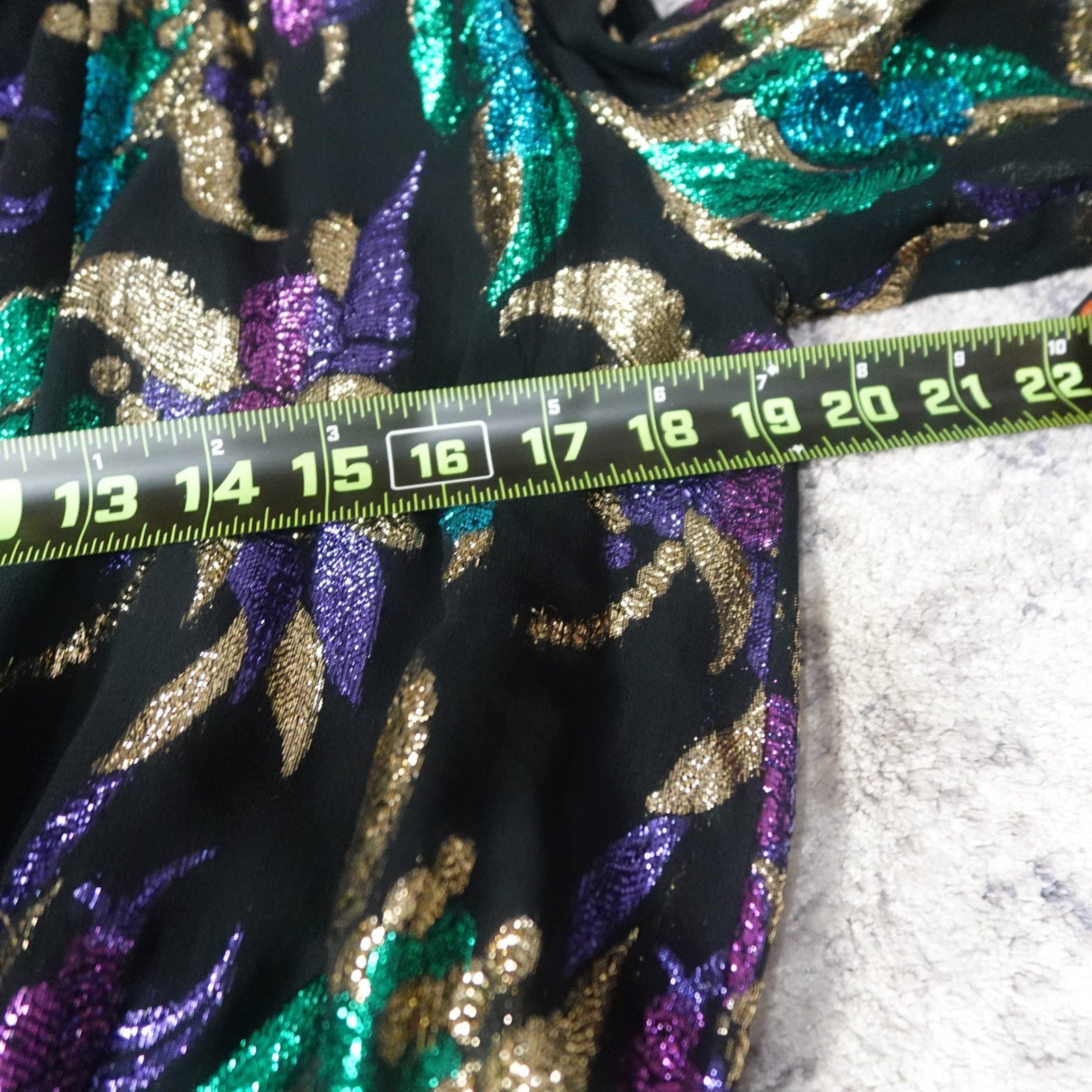 Vintage Anne Klein Black Metallic Abstract Blouse Purple Teal Gold Glam Top 80’s