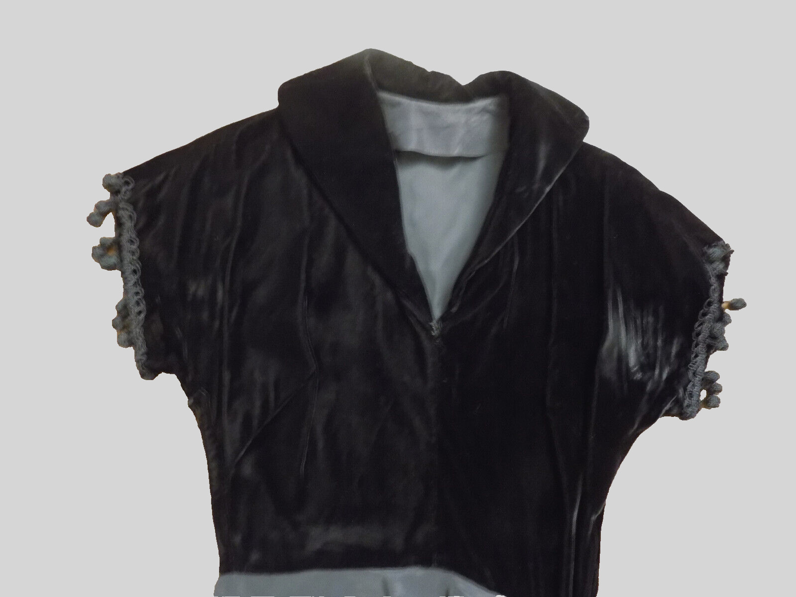 50s True Vtg Taffeta Dress Velvet V neck Tassel trim Cascade Skirt Crinoline XS