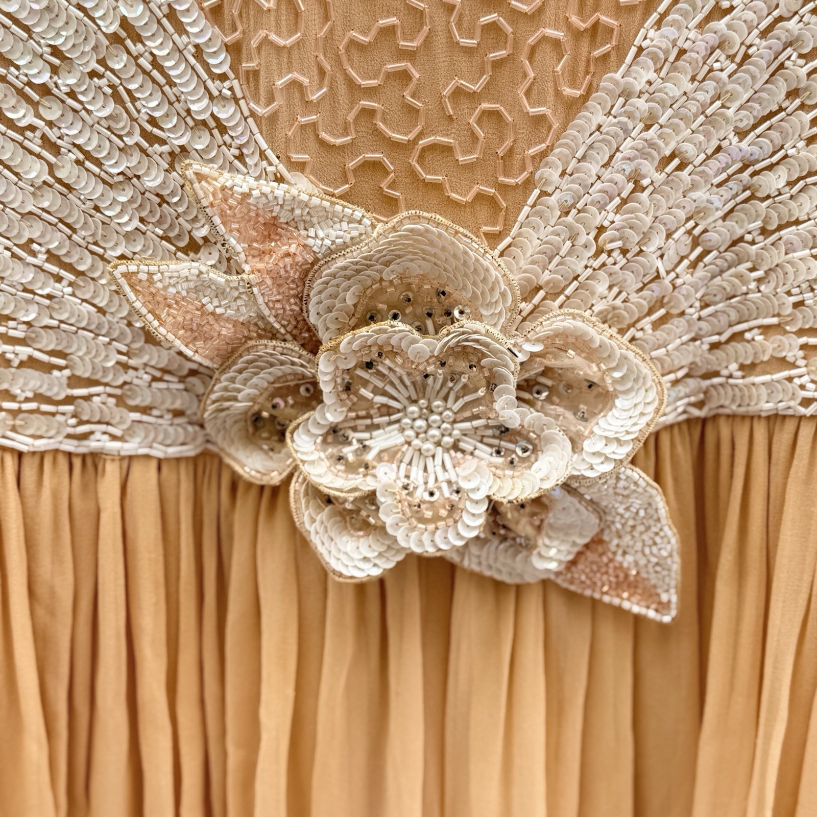 Vtg 80s Naeem Khan Riazee Suzarila Silk Beaded Gown Set Peach Ruffle Dress Scarf