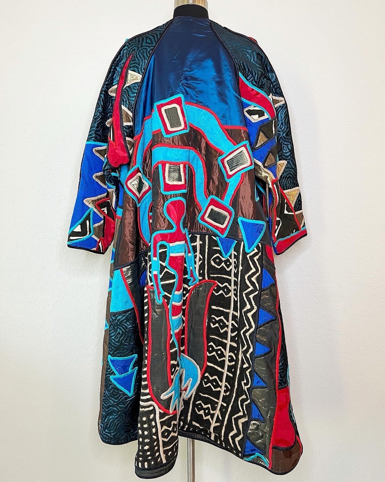 Vintage 80s Judith Roberts Patchwork Mermaid Embroidered Mudcloth Long Coat