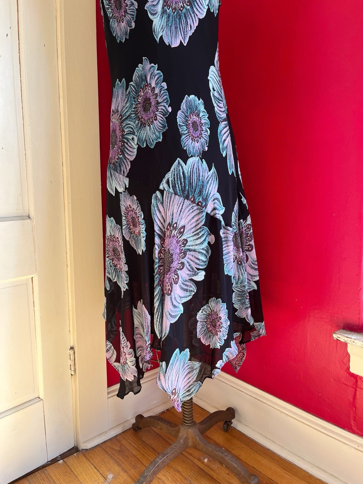 Vintage 1990s Black Chiffon Blue Purple Floral Print Grunge Cowl Neck Dress L