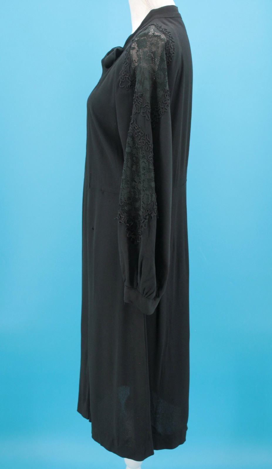 VTG Women’s 30s Black Drop Waist Dress W/ Lace Insert Sleeves Sz M/L 1930s