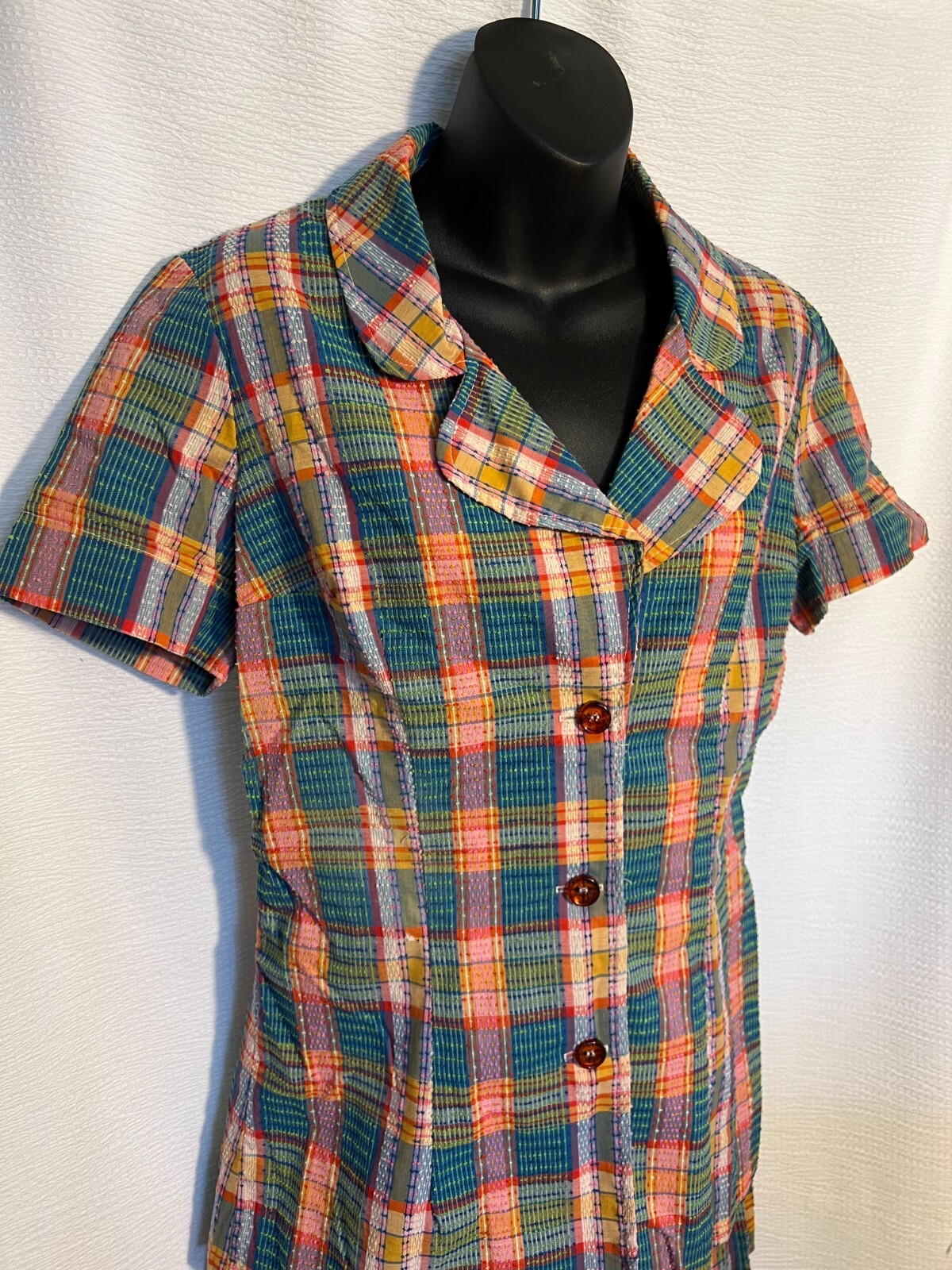 1970s Vtg 2pc Skirt Suit S Multicolored Nubby Plaid Short Sleeve Miss Pat w Belt