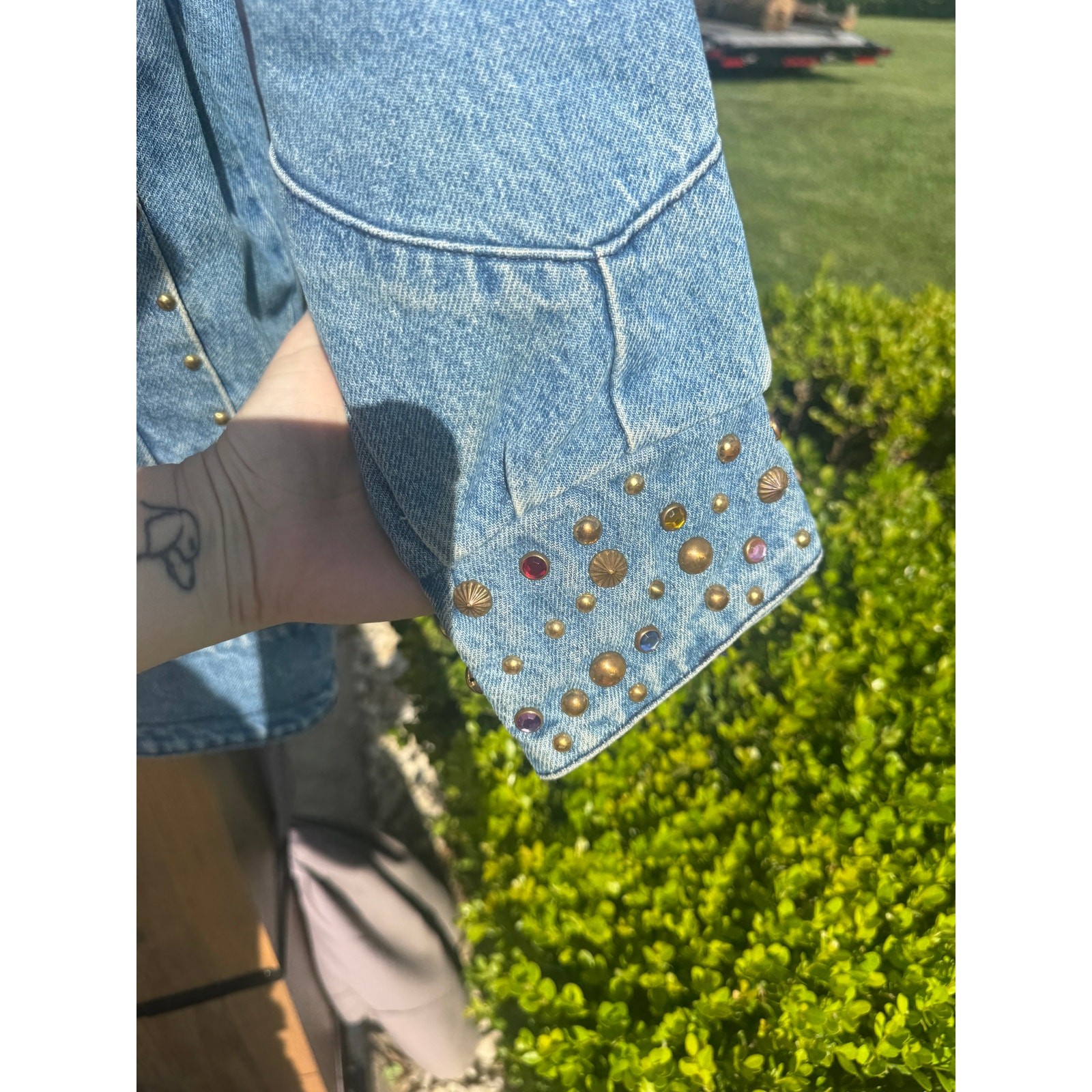 Vintage 80s Studded Rhinestone Denim Jacket Blazer Oversized Dolman Western L XL