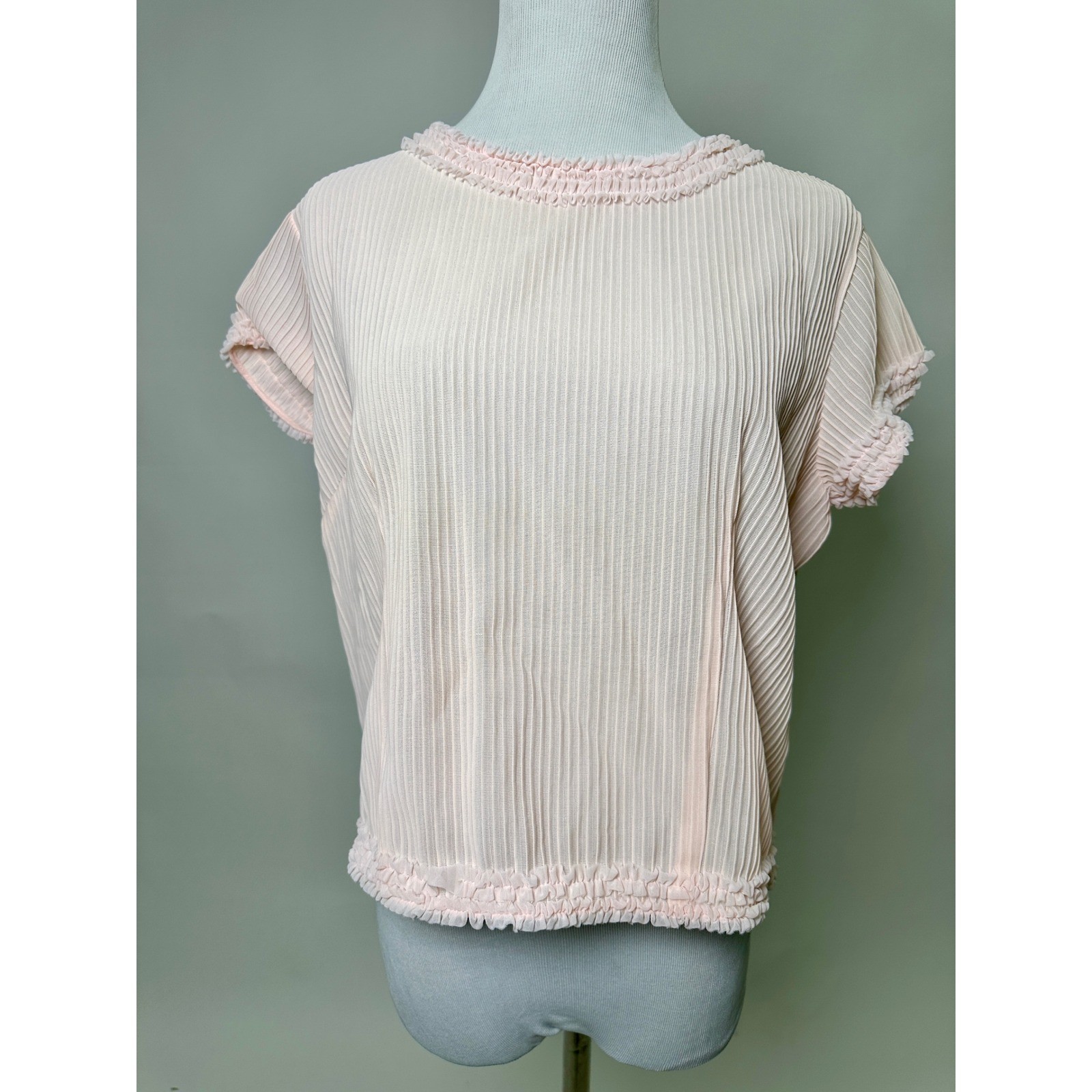Vintage 1950s Jami Originals Pale Pink Pleated Ruffle Blouse Nylon Top 40 Bust