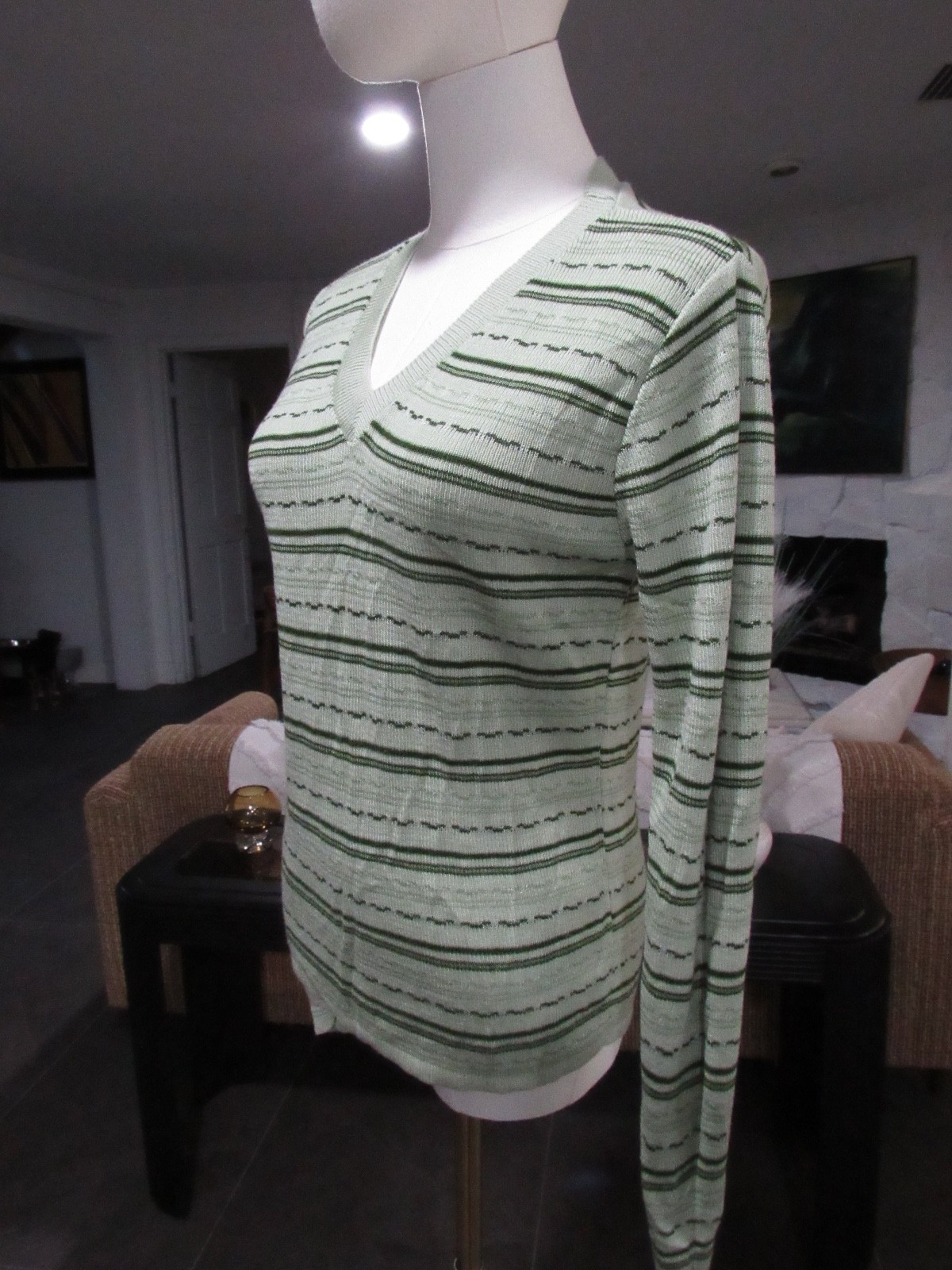 VTG 70s 90s Y2K Top Green Striped Disco V Neck Grunge Hippie Boho M SWEATER mod