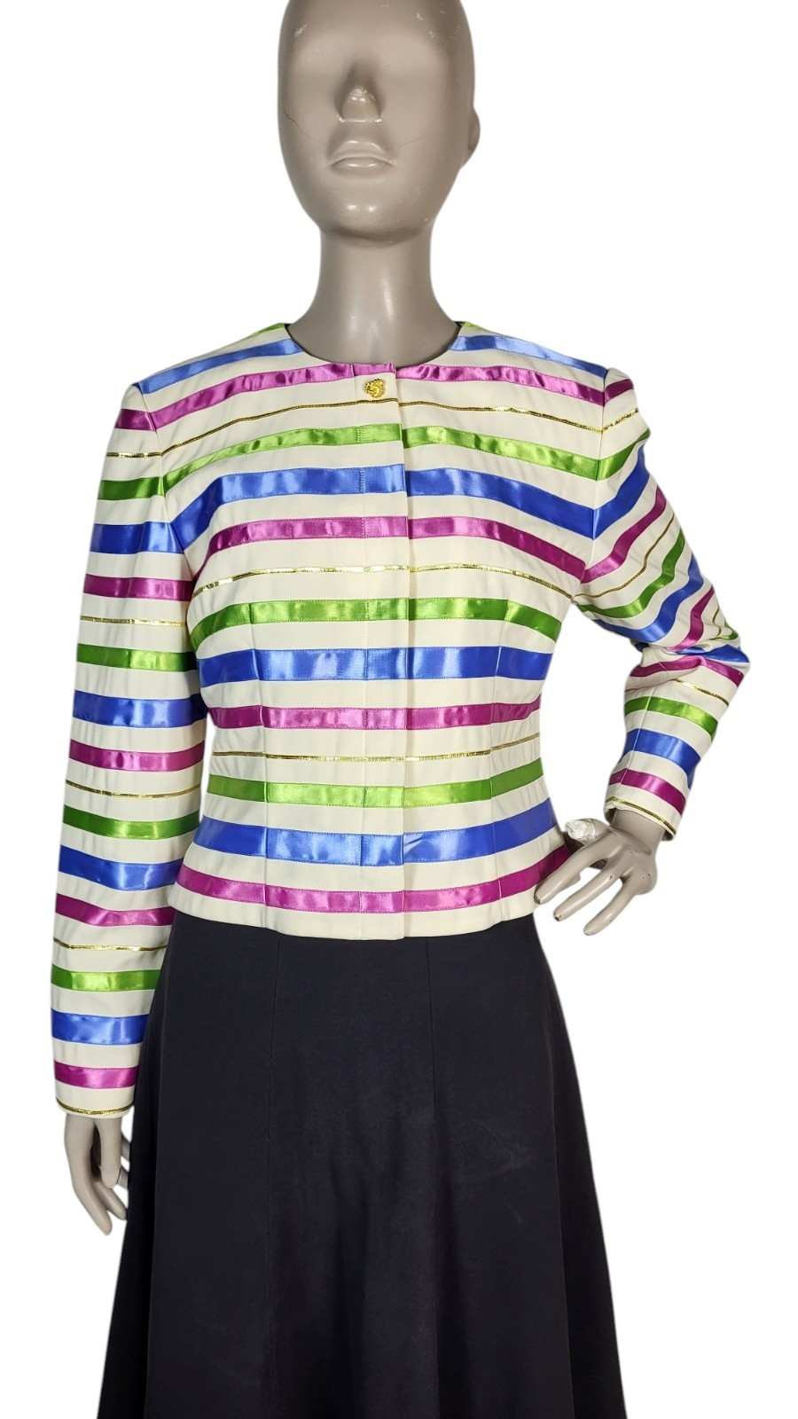 Vintage Satin Jewel Tone Metallic Ribbon Striped Blouse Jacket Maggy London