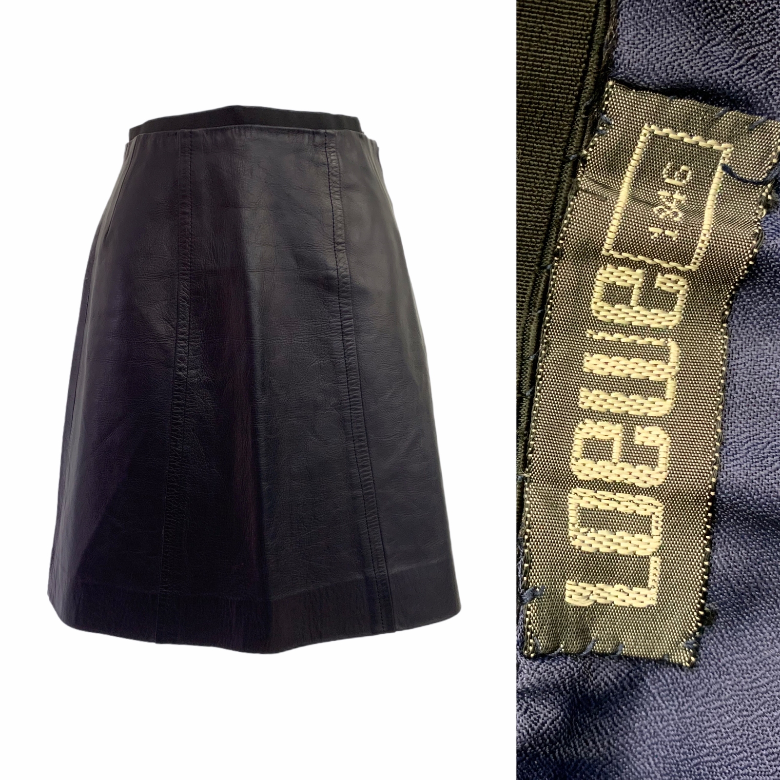 Vtg Vintage 1980s 80s Essential Designer Loewe Navy Leather Mini A Line Skirt