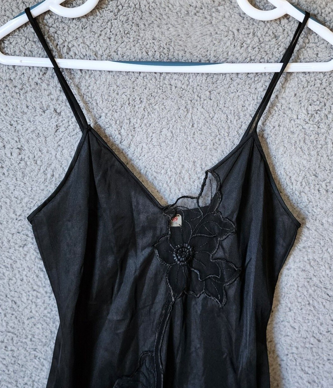 Vtg Joie De Vie Nylon Satin Nightgown Plunging Lace High Slit Sexy Black Petite