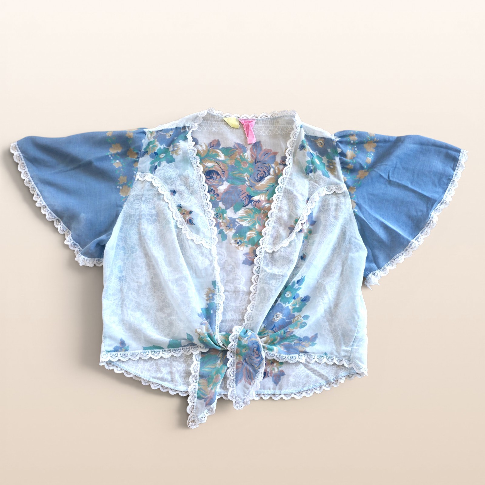 Vintage 70s Lace Tie Front Floral Lingerie Top Cal Togs Blue & White Sheer