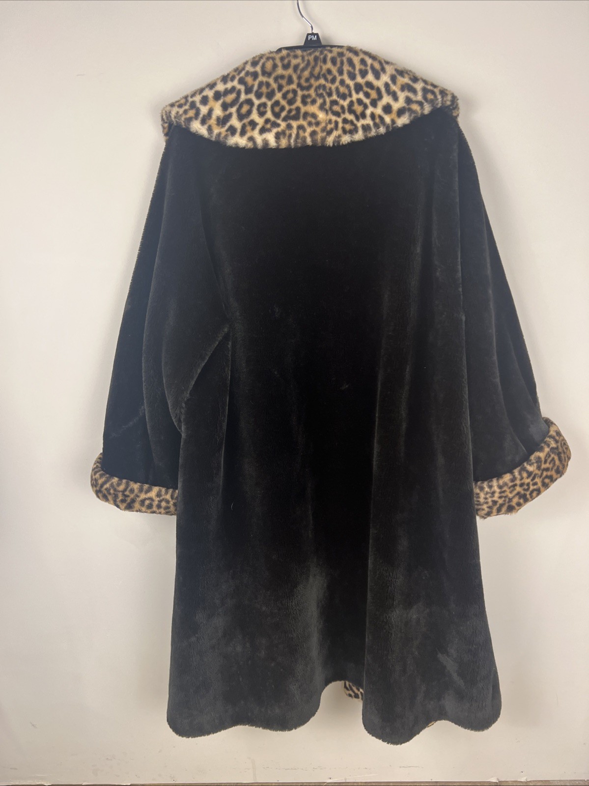 Vintage Borgana Deluxe Faux Fur Coat Black Leopard Print Collar Cuffs Mid Length