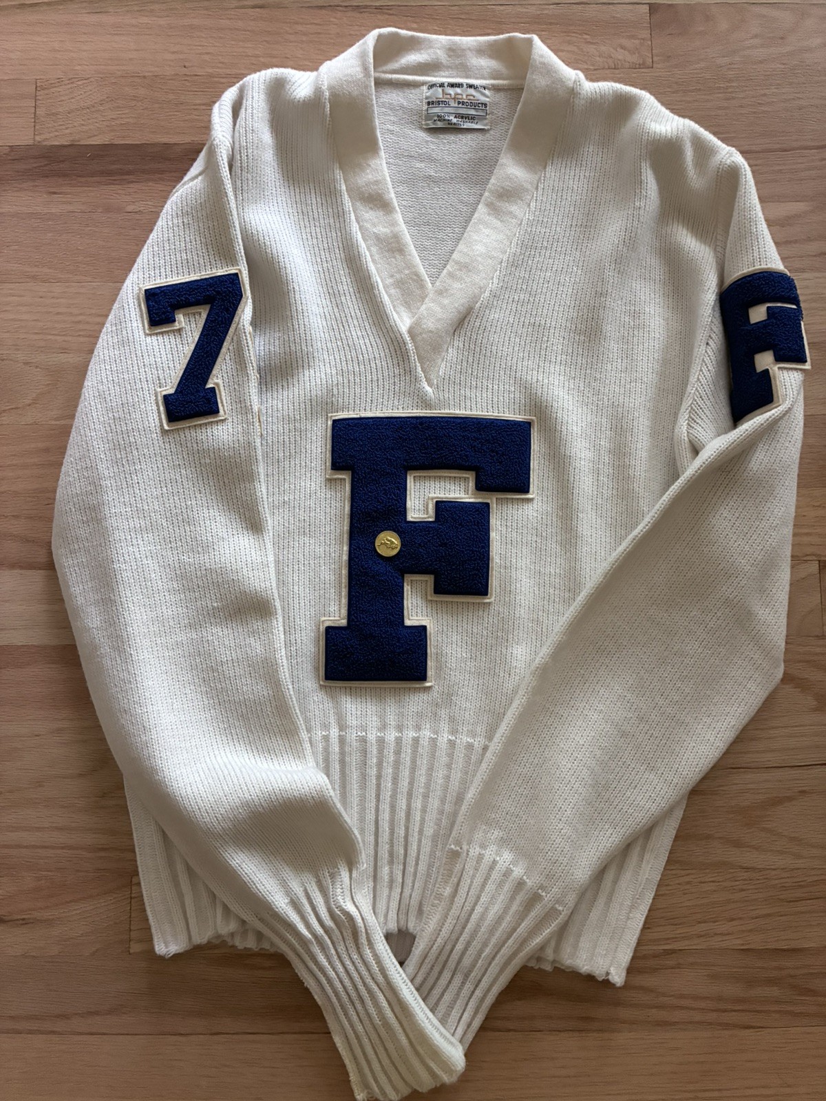True VINTAGE 1970 Letter Sweater VARSITY White No Size Tag Franklin HS 1979