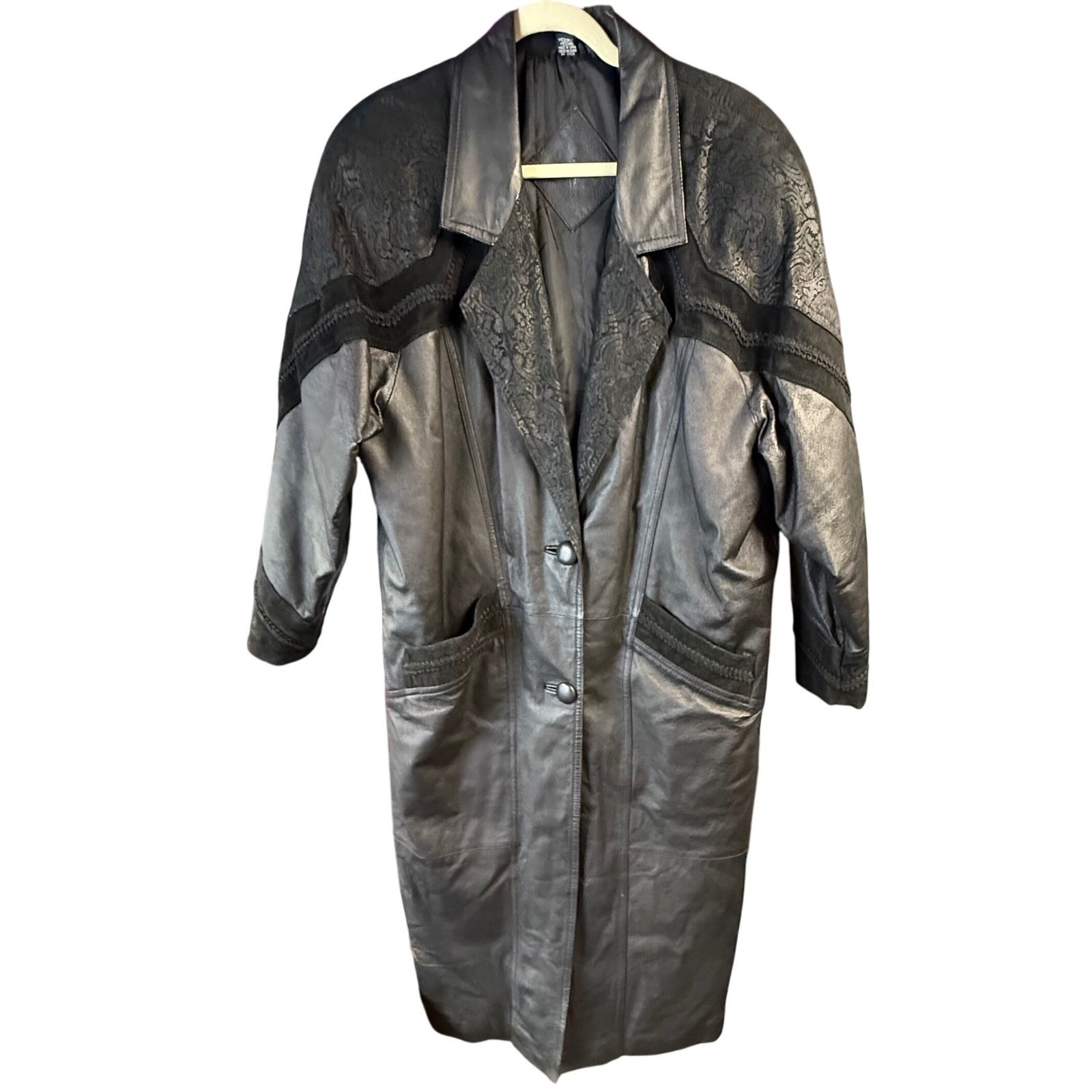 JF Leather Trench Coat Womens Medium Black VTG Retro 90s Lace Trim Western