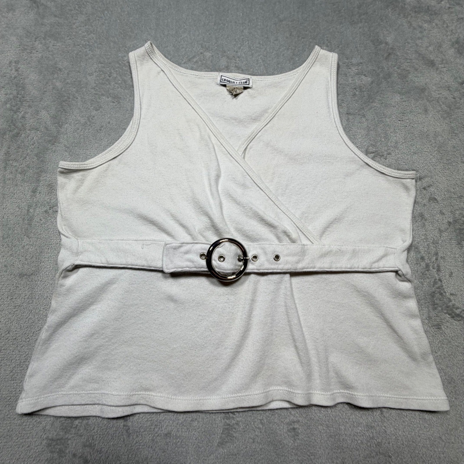 Vintage 90s White 100% Cotton Wrap Tank Top O-Ring Belted Size L Clean Girl