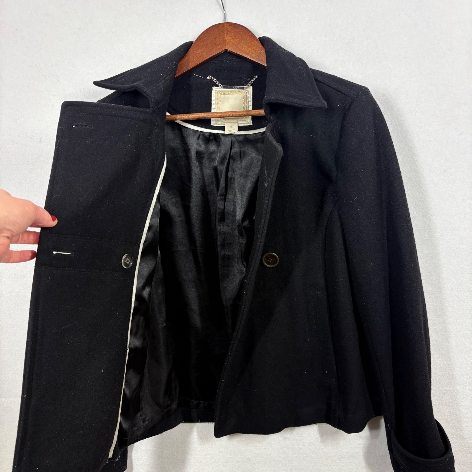 VTG Y2K Pea Coat Womens Medium Black Wool Double Breasted Classic Old Navy 2000s