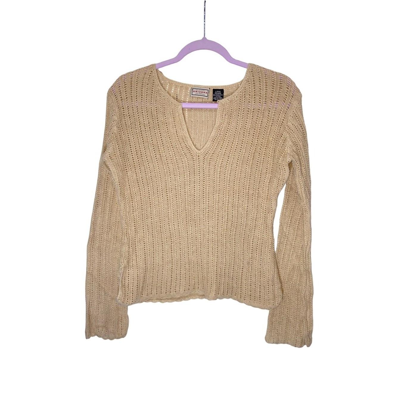 Vintage 90s Arizona Jean Co Cream Open Knit Split V-Neck Ramie Blend Sweater