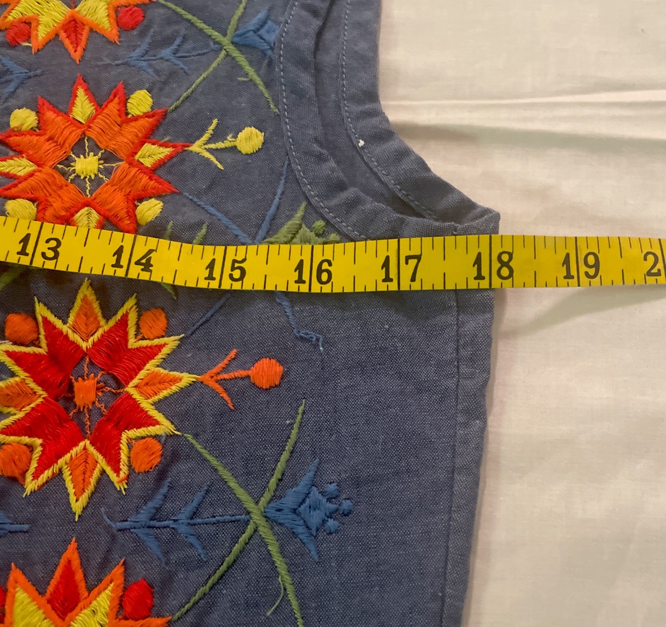Vintage 60s 70s Katz Shift Dress Chambray Nordic Sunburst Embroidery 34 EUC