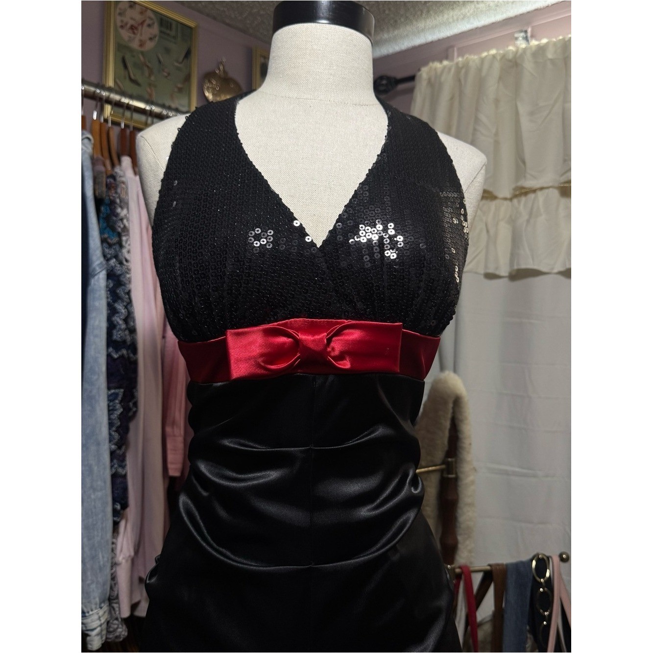 Vintage Black Sequin Strapless Dress with Red Satin Band